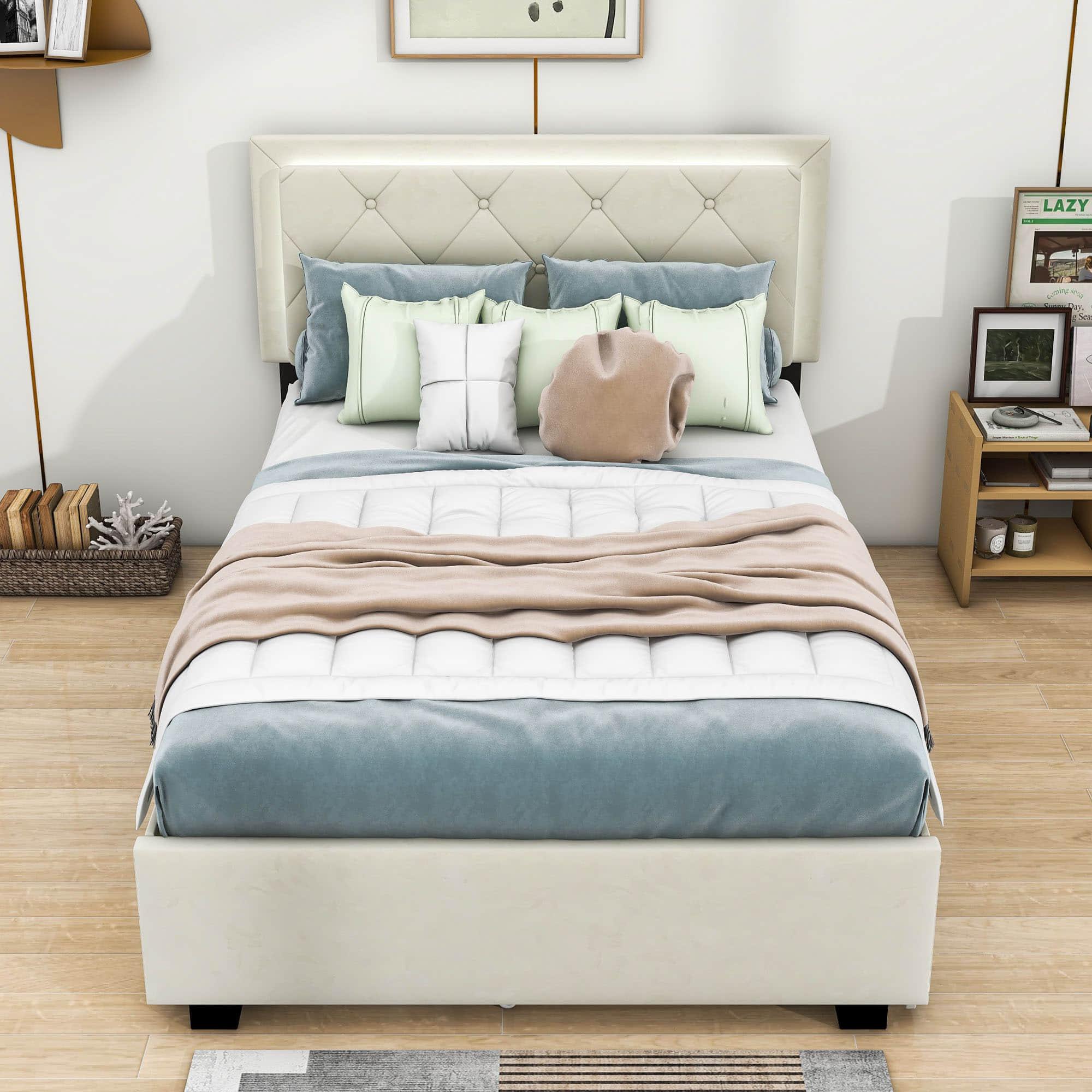 Full Velvet Upholstered Platform Bed Frame with Twin Trundle and Storage