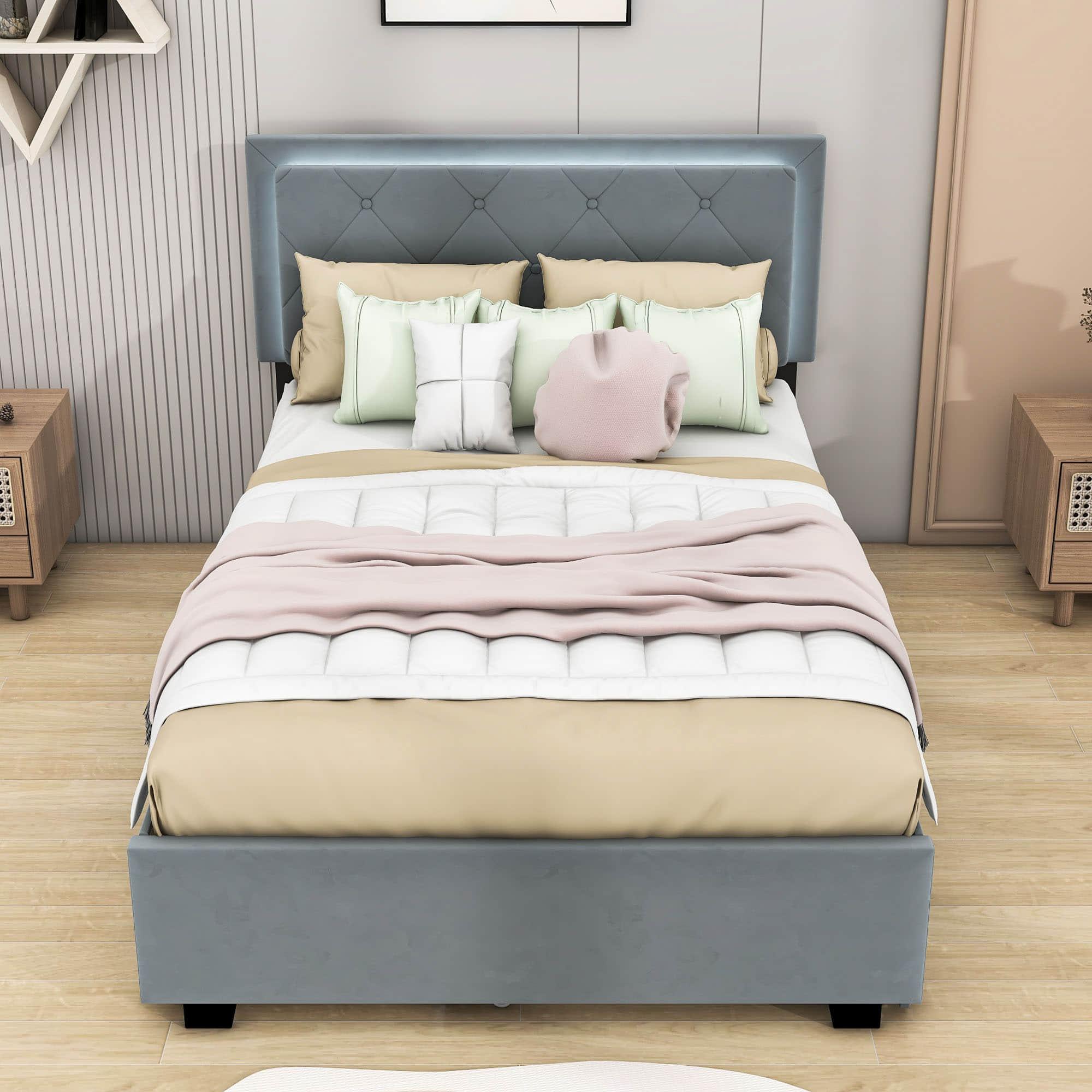 Full Velvet Upholstered Platform Bed Frame with Twin Trundle and Storage