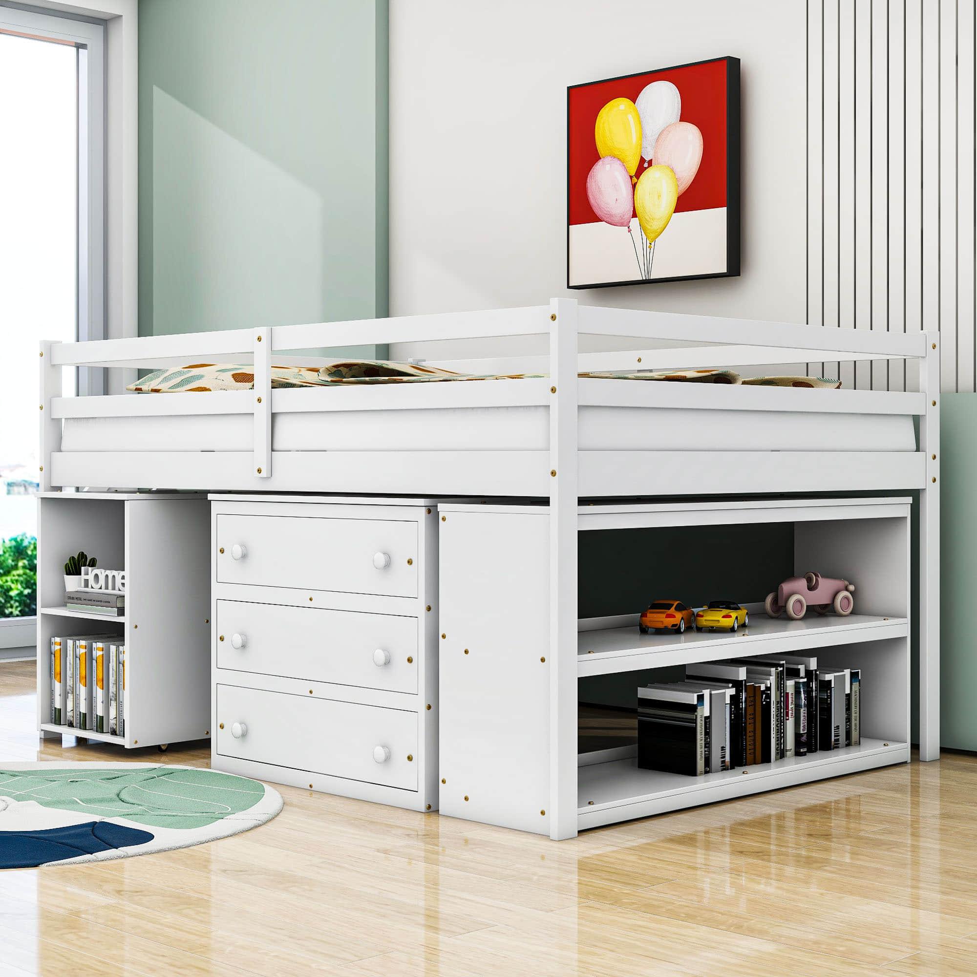 Full Size Kids Low Loft Bed with Desk and Stairs, Storage - [Dresser]