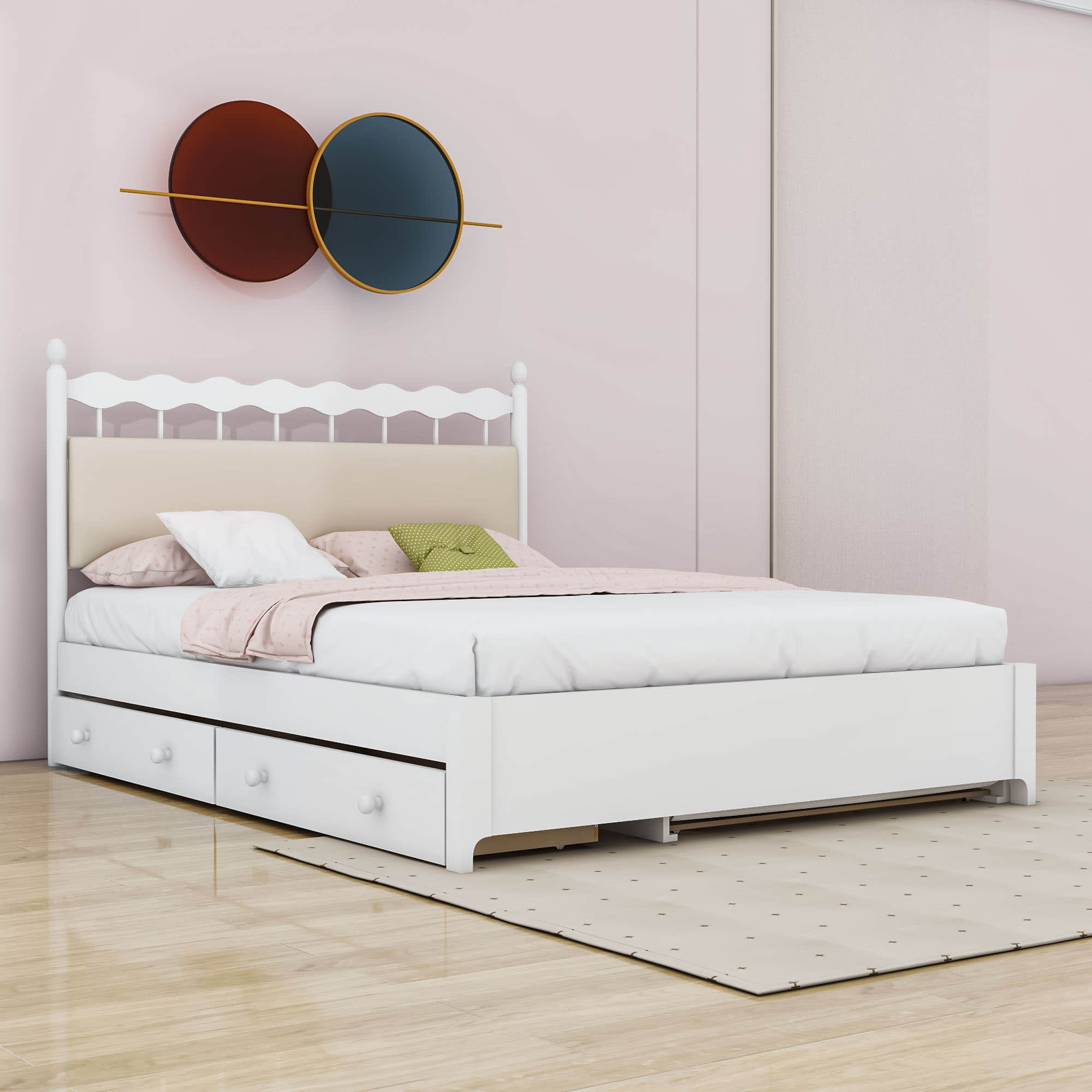 Wooden Queen Storage Bed with Headboard and Storage, Twin Trundle Bed