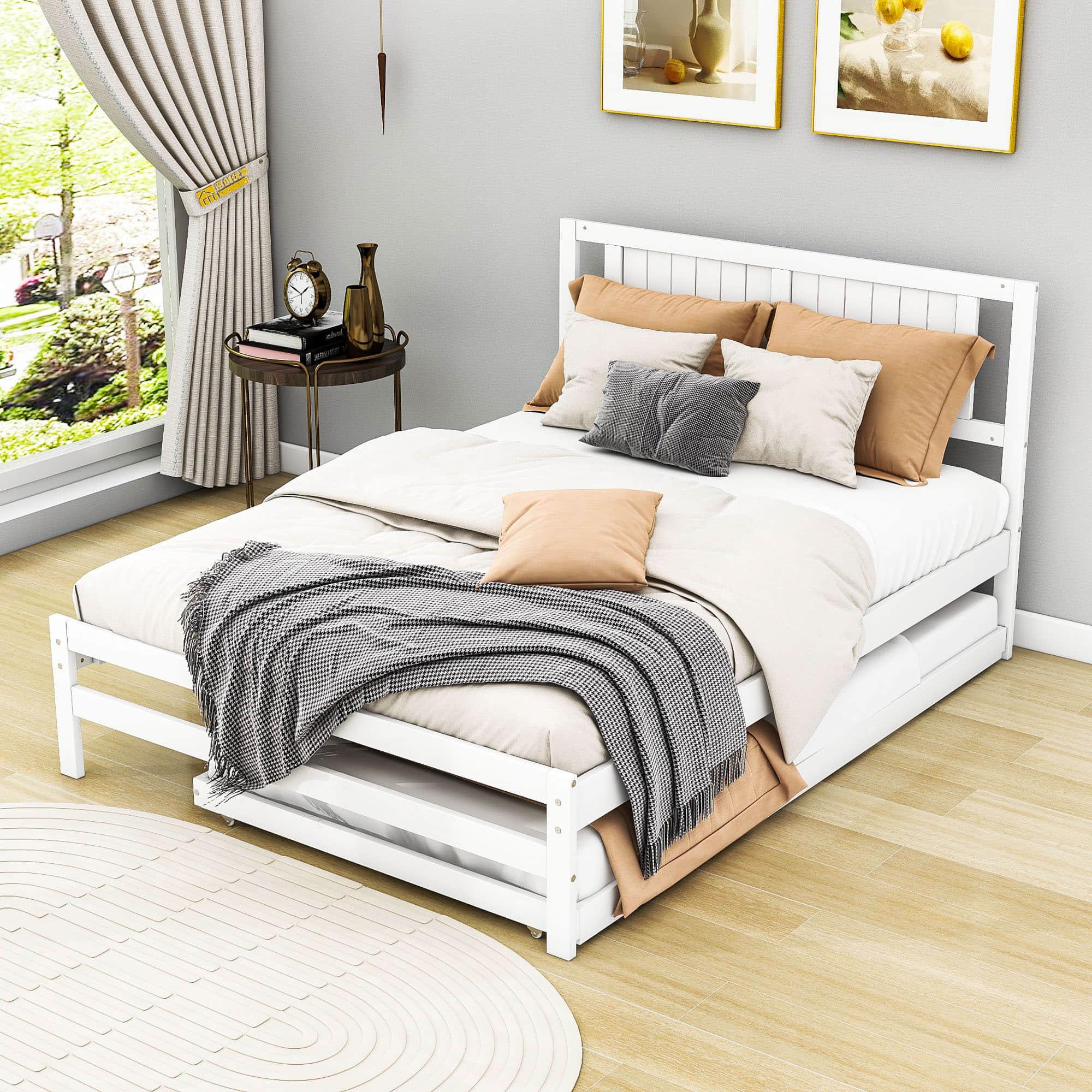 Full Size Platform Bed with Pop Up Trundle and Headboard - [Wood]