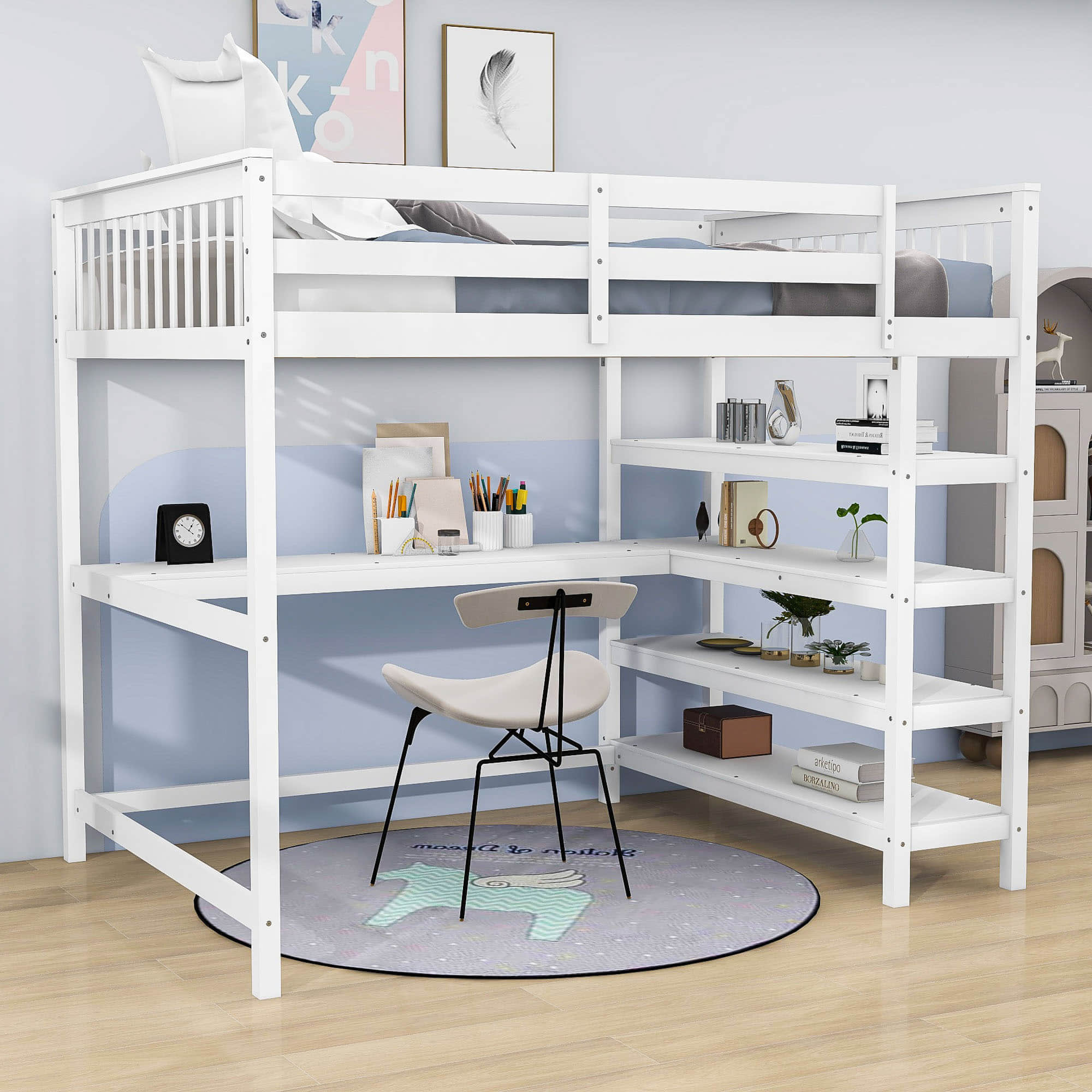 Full Size Loft Bed with Desk and Storage Shelves for Adults, Kids