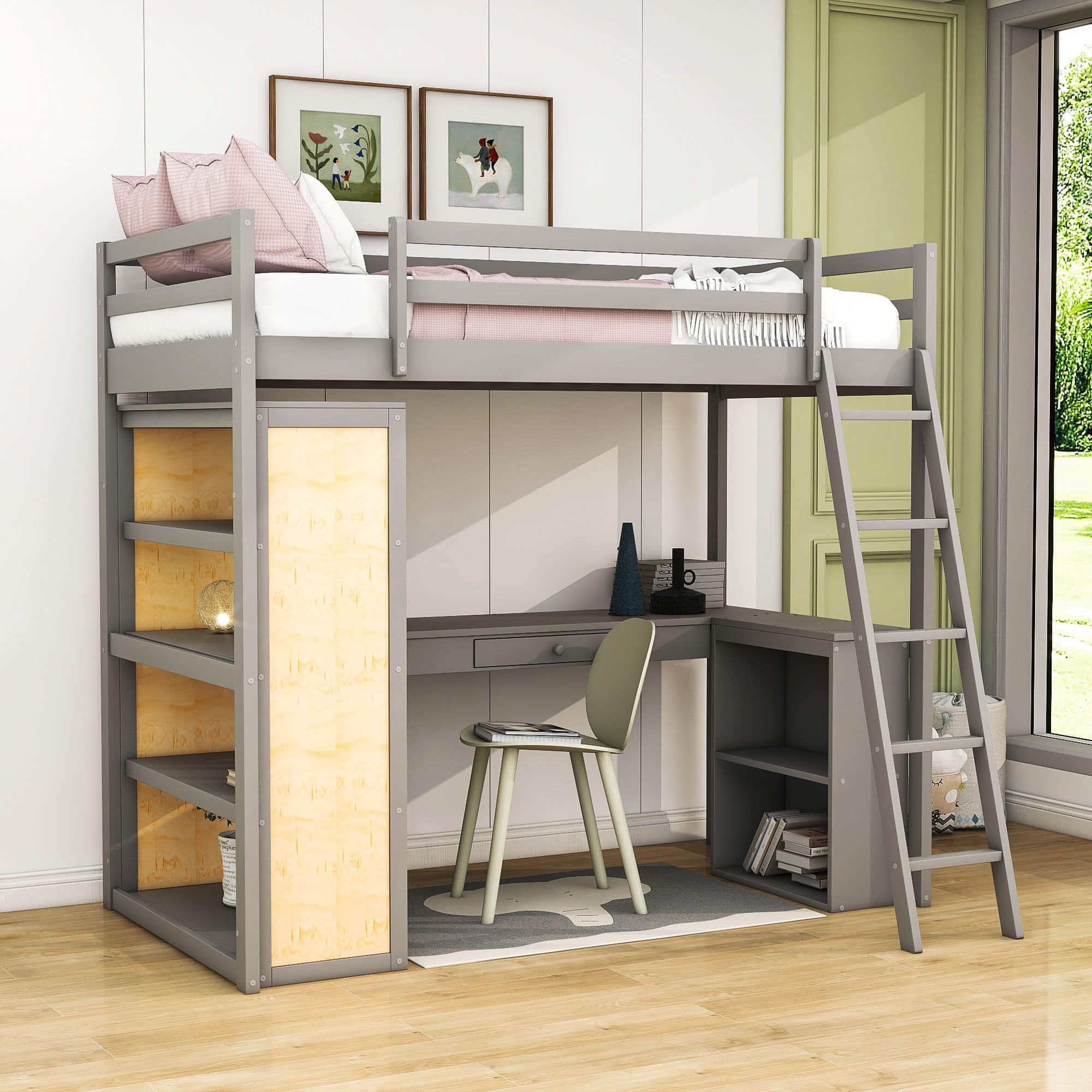 Twin Loft Bed with Desk and Storage Shelves for Adults, Teens