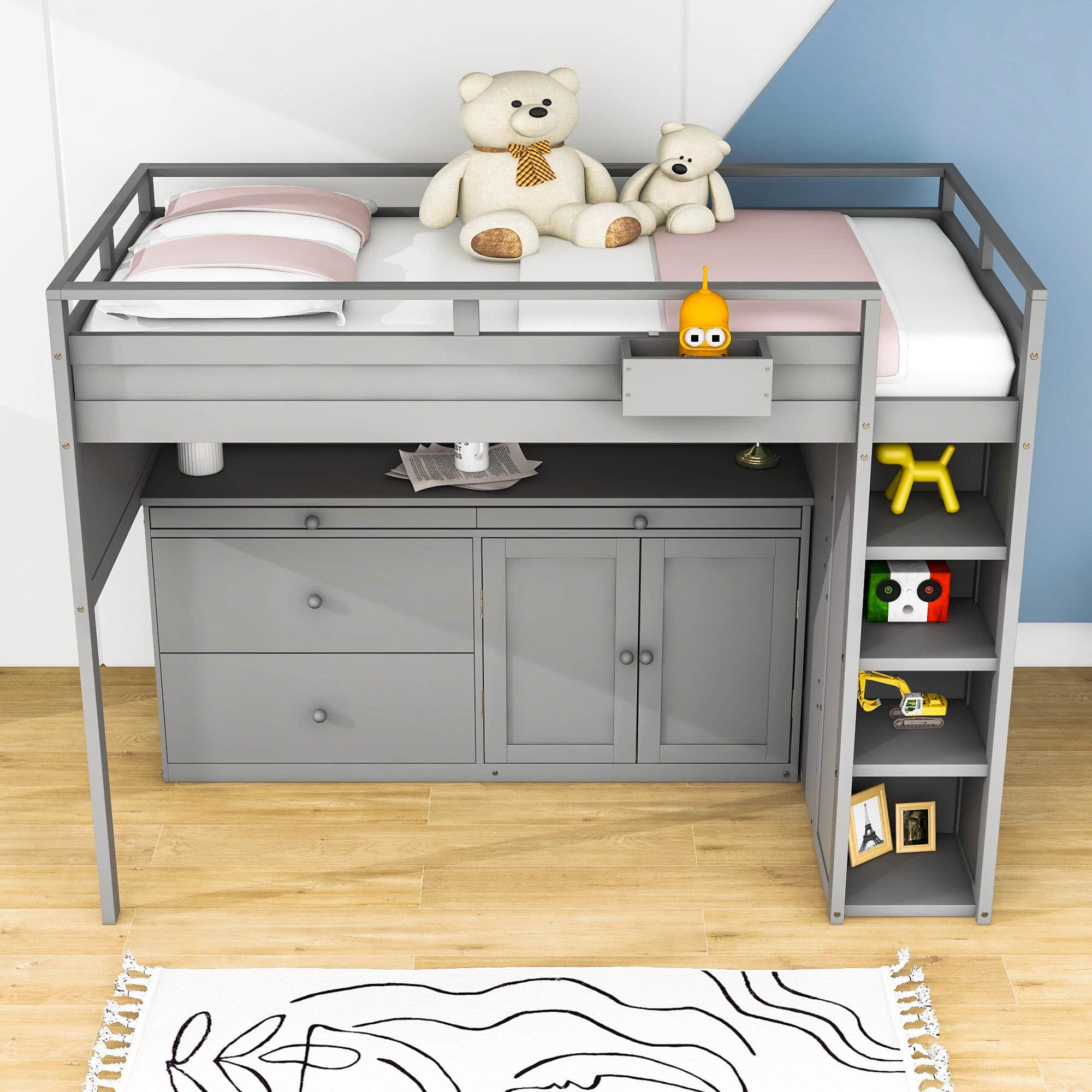 Twin Loft Bed with Desk and Storage for Kids, Teens - [Wooden]