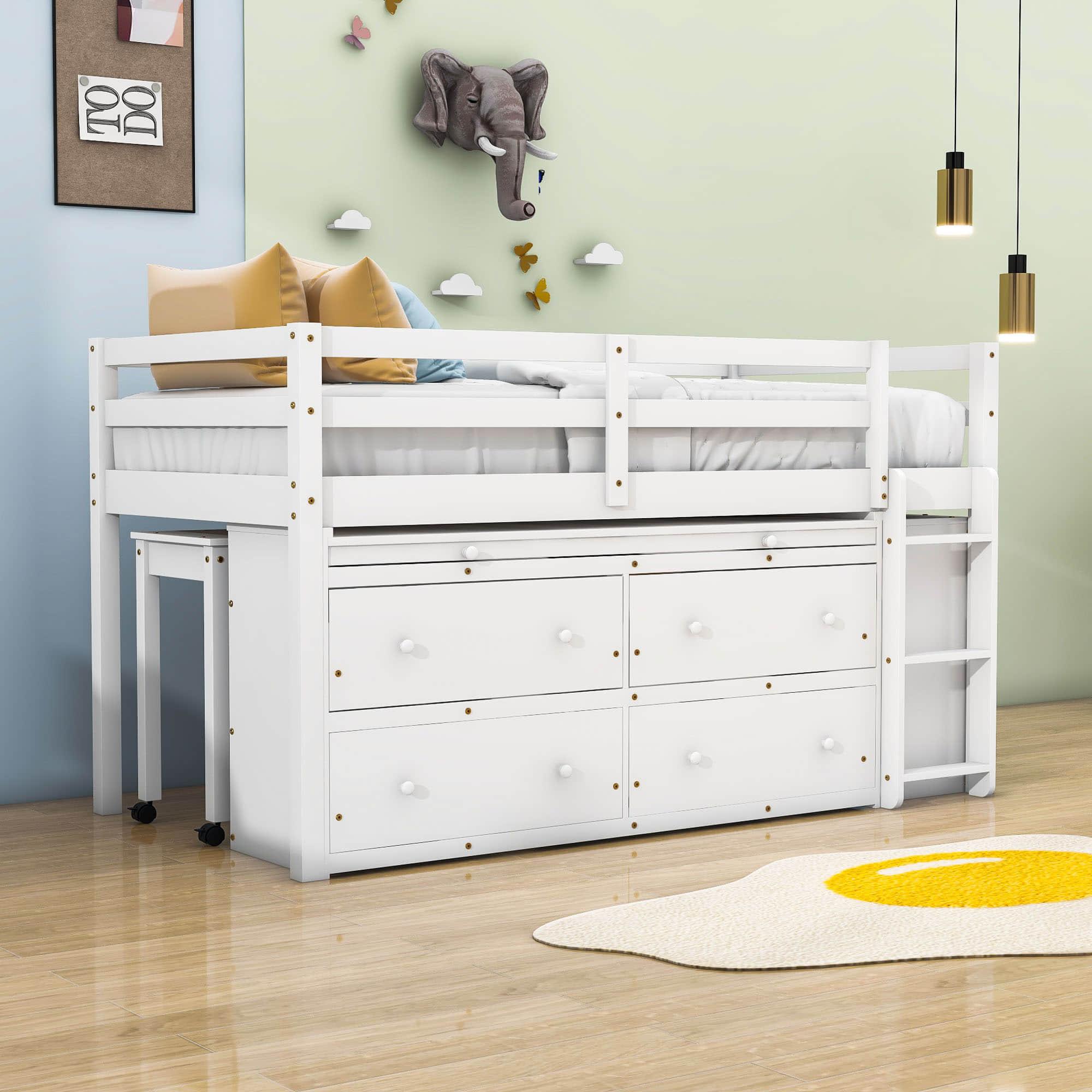 Low Twin Loft Bed with Desk and Storage Drawers for Kids, Toddler