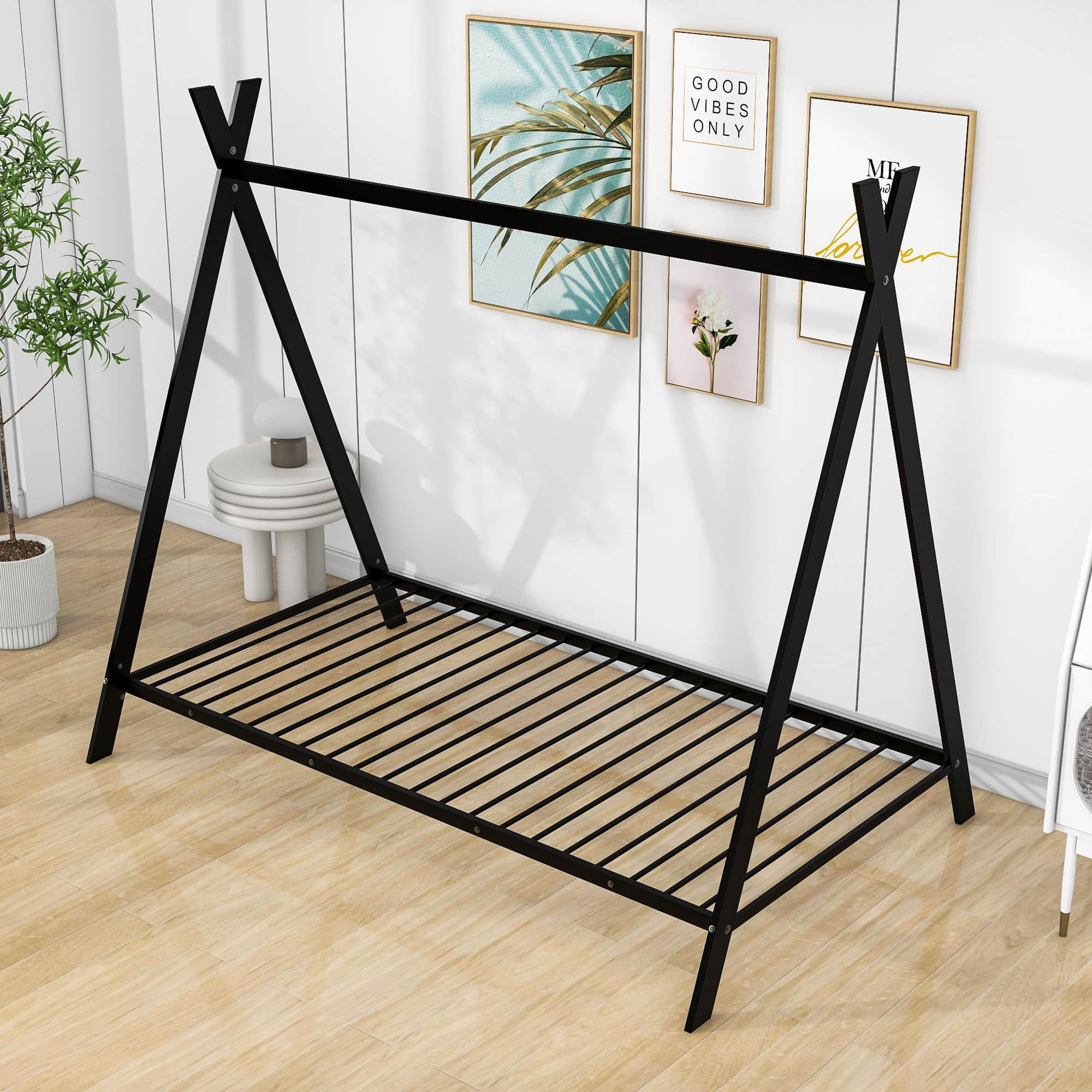 Twin Size Low Profile Metal Tent Montessori Bed Frame with Slats