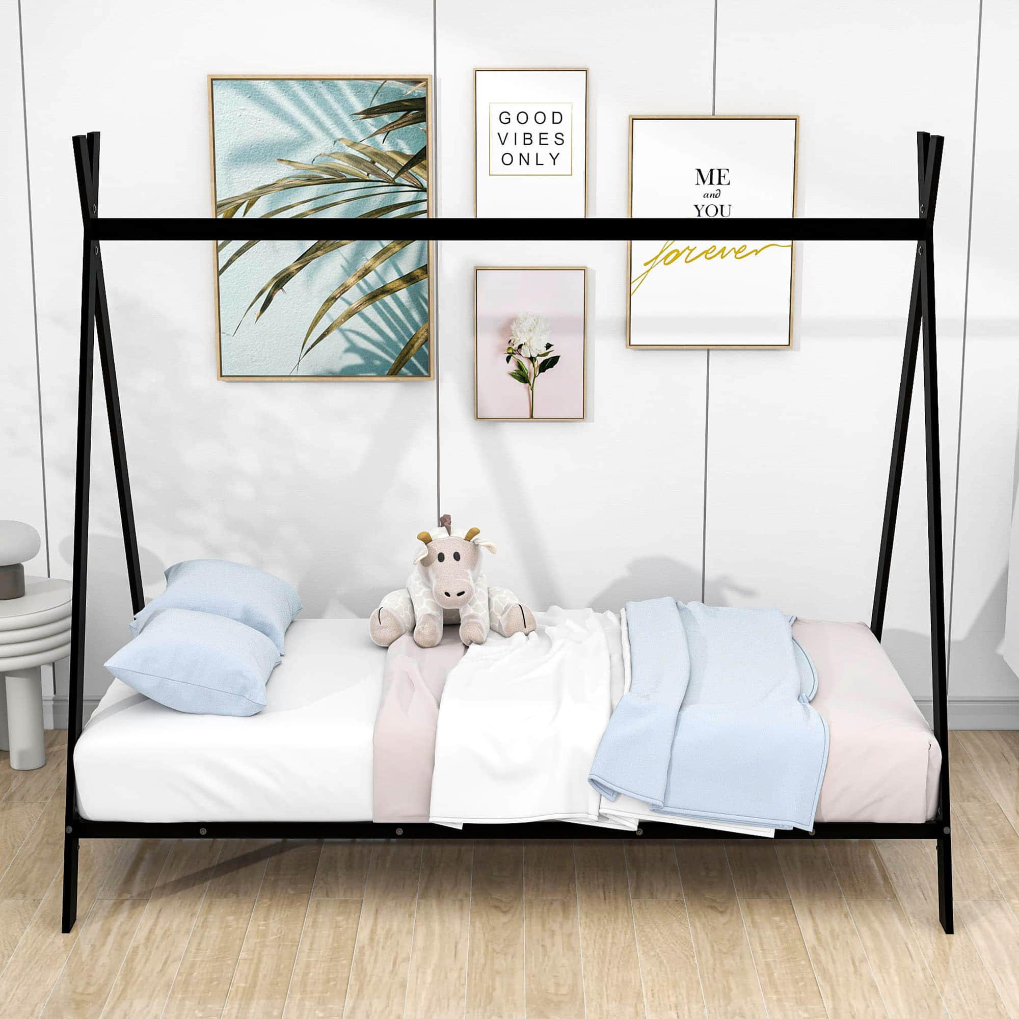 Twin Size Low Profile Metal Tent Montessori Bed Frame with Slats