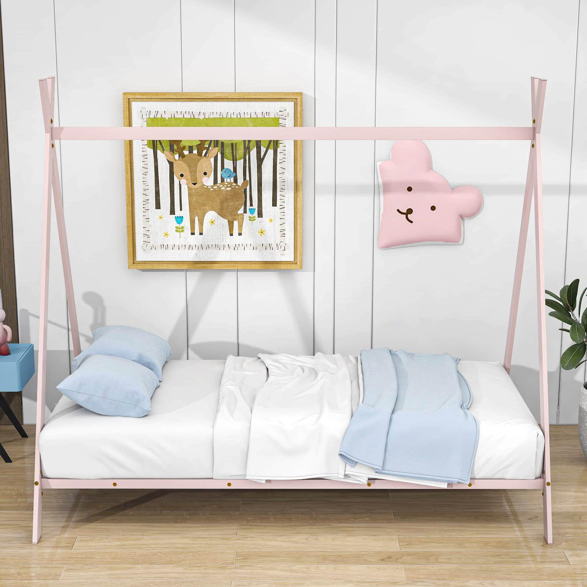 Twin Size Low Profile Metal Tent Montessori Bed Frame with Slats