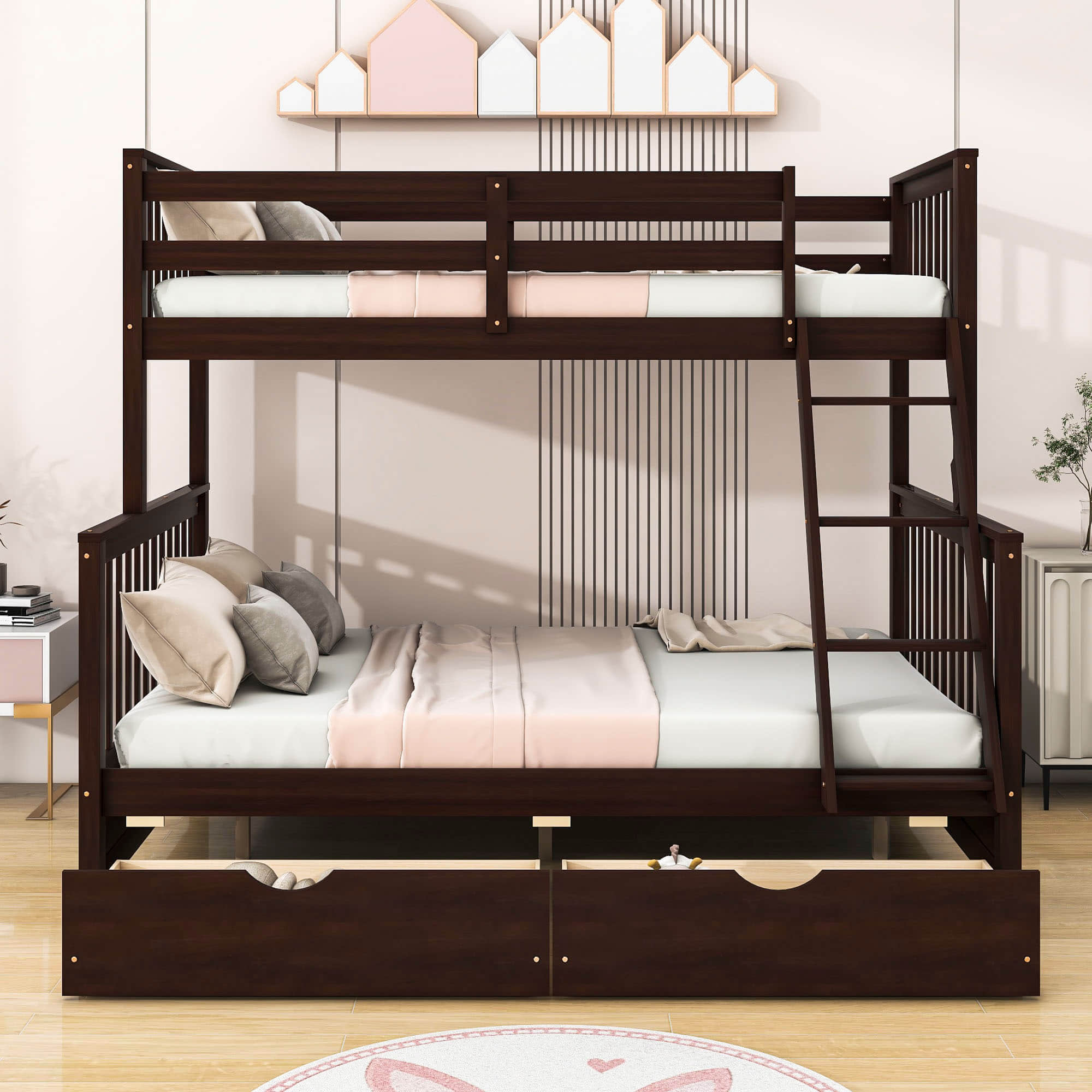 Wooden Classic Twin Over Full Bunk Bed with Ladder and Storage Drawers