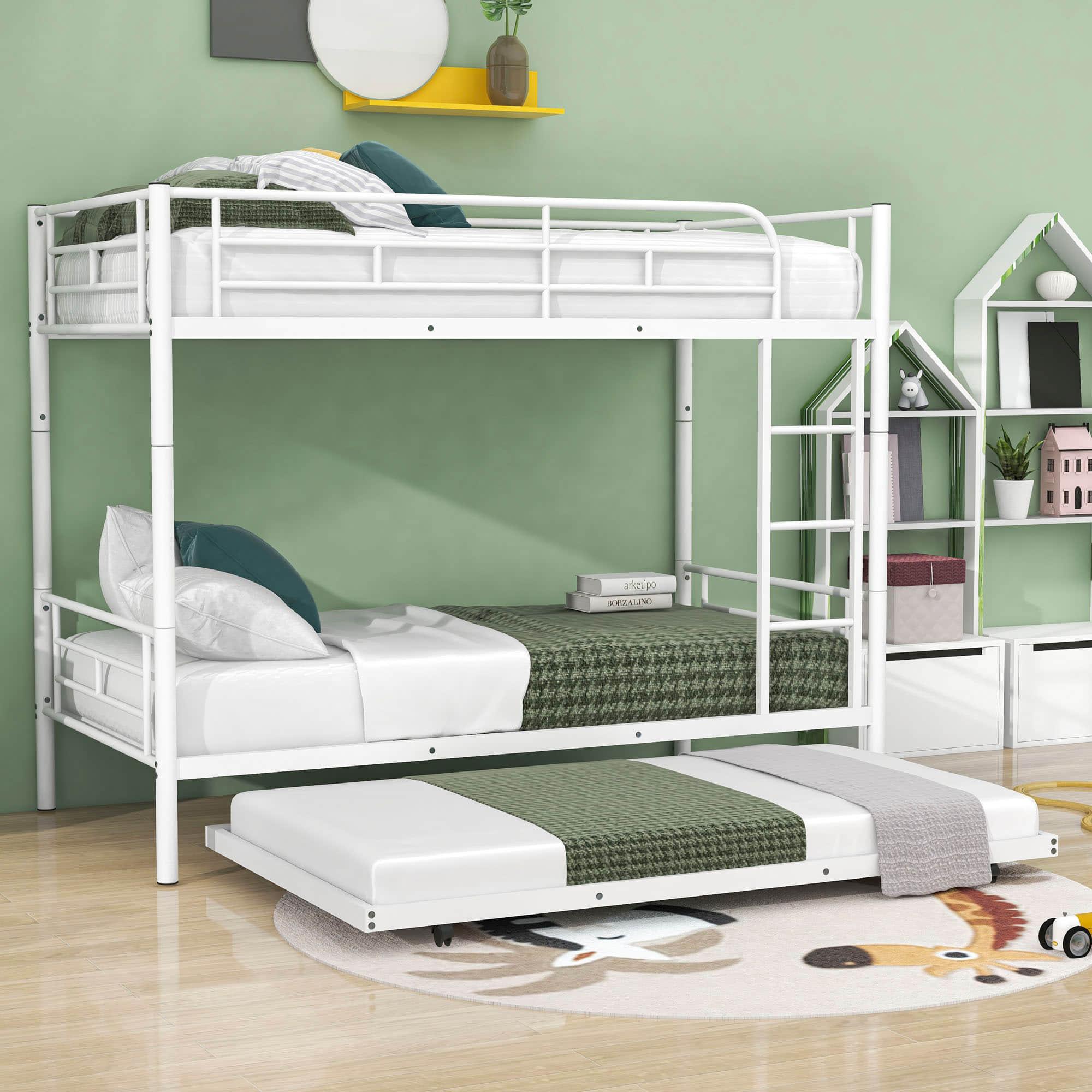 Twin Over Twin Classic Metal Bunk Bed with Trundle - [Detachable, Ladder]