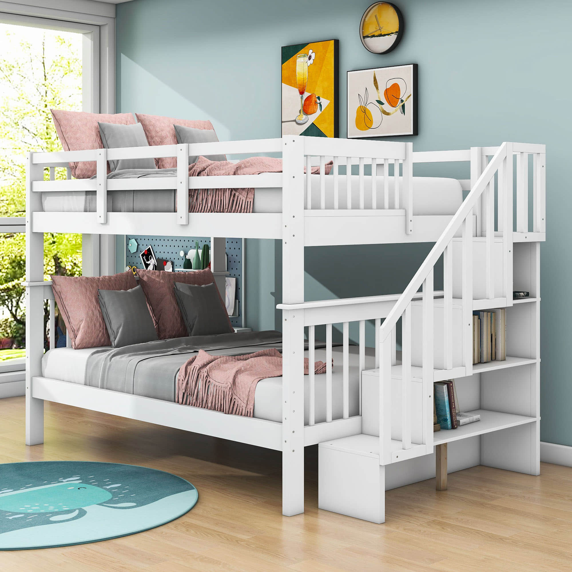 Wooden Full Over Full Bunk Beds with Storage and Stairs - [Detachable]