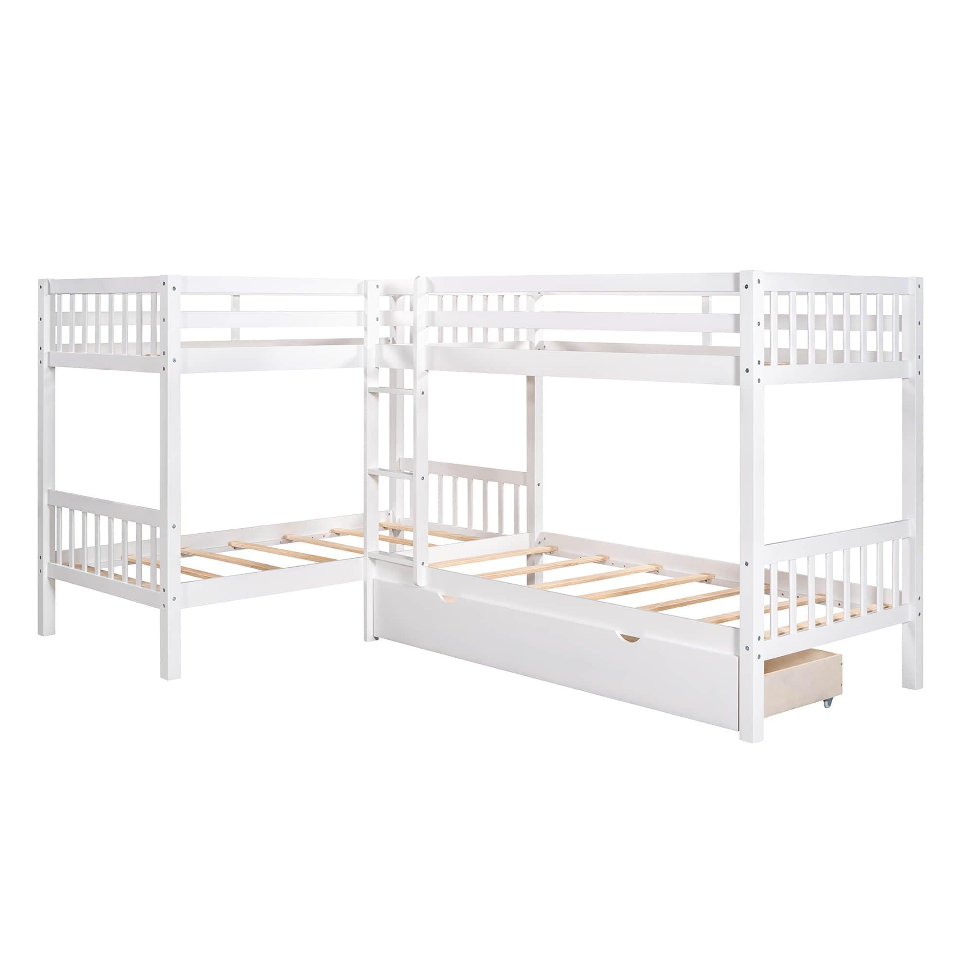 Twin L-Shaped Quad Bunk Bed with Storage - [Drawers, Ladder]