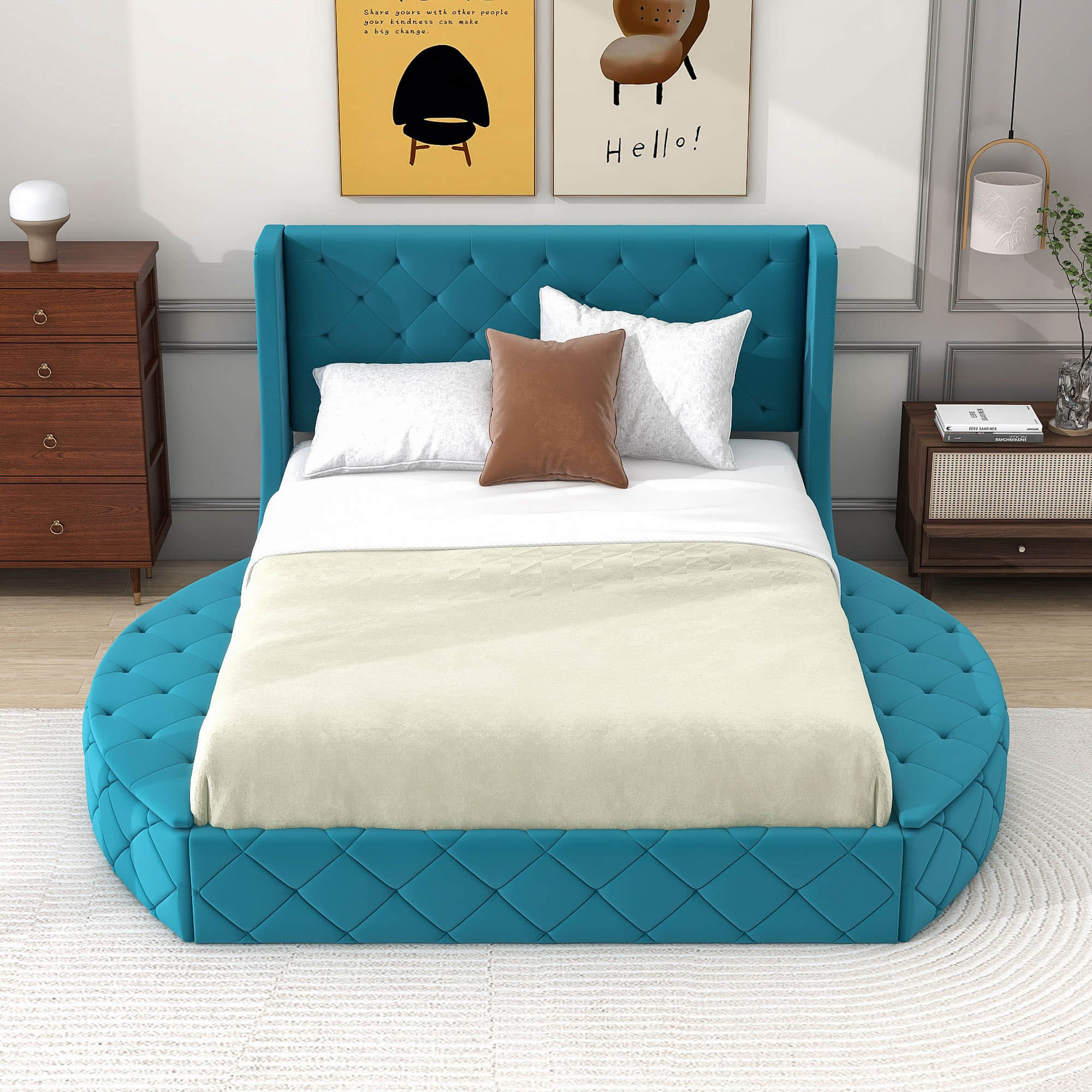 Upholstered Queen Platform Bed Frame with Wingback Headboard and Storage