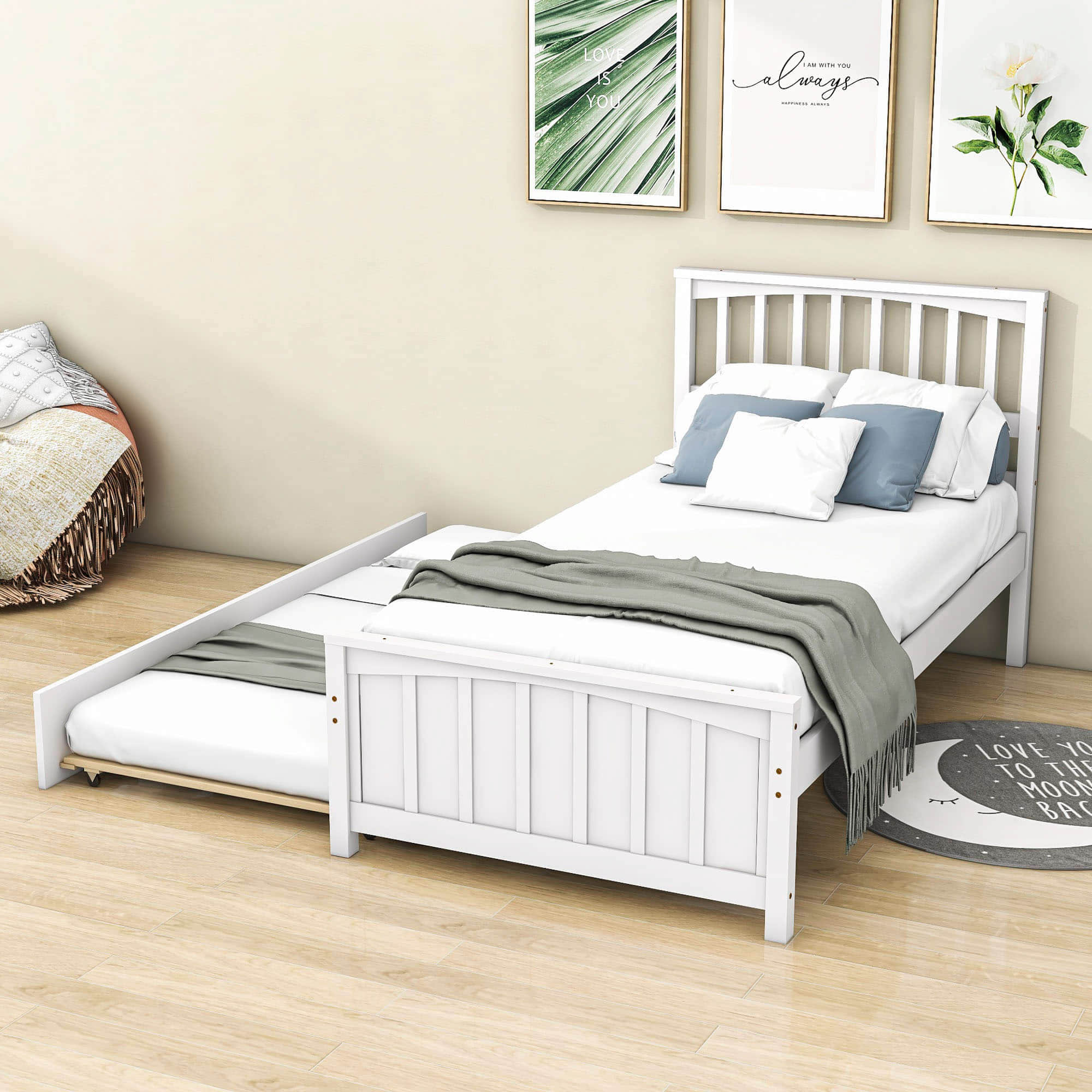 Twin Size Wood Platform Bed with Twin Trundle and Headboard