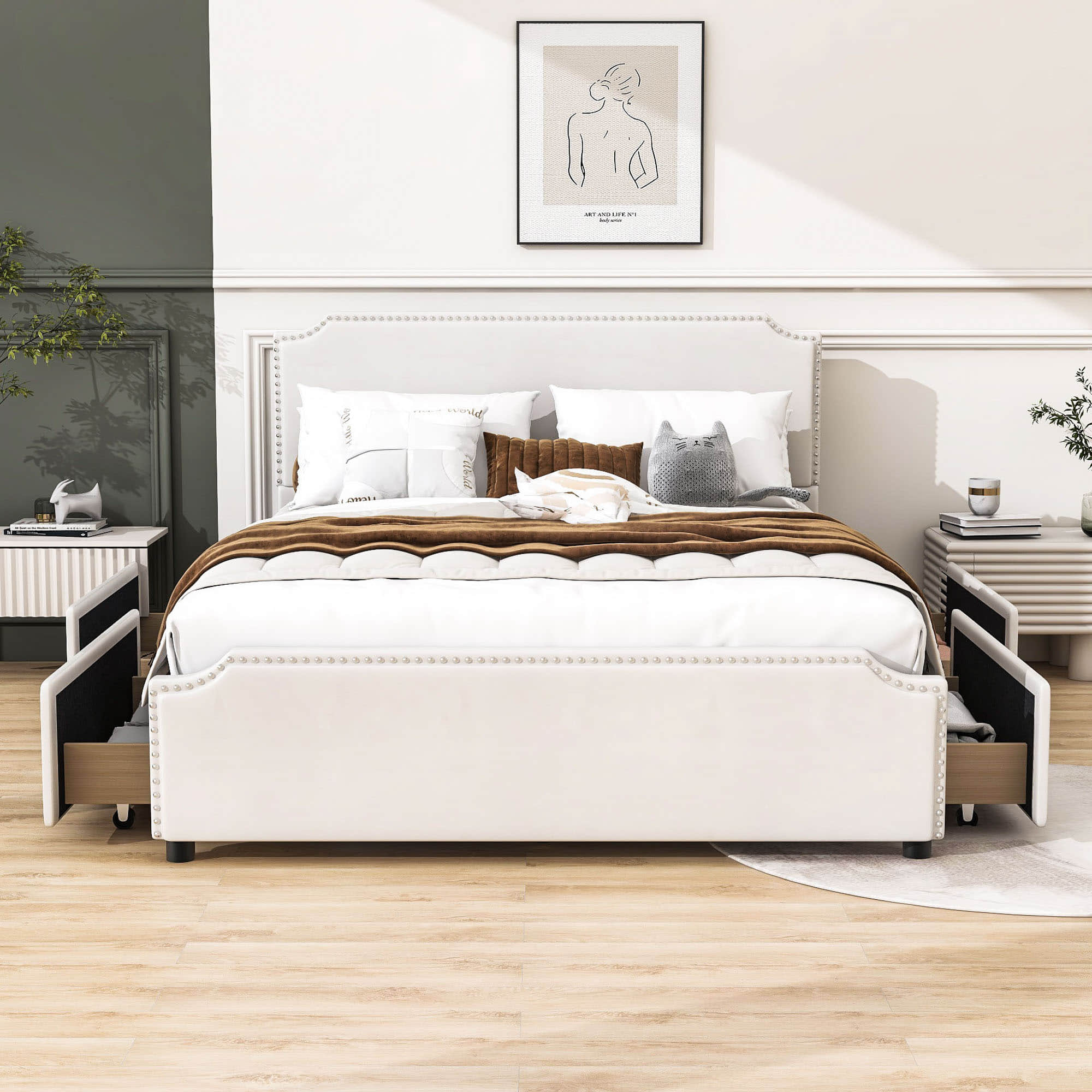 Queen Velvet Upholstered Bed Frame with Headboard and Storage