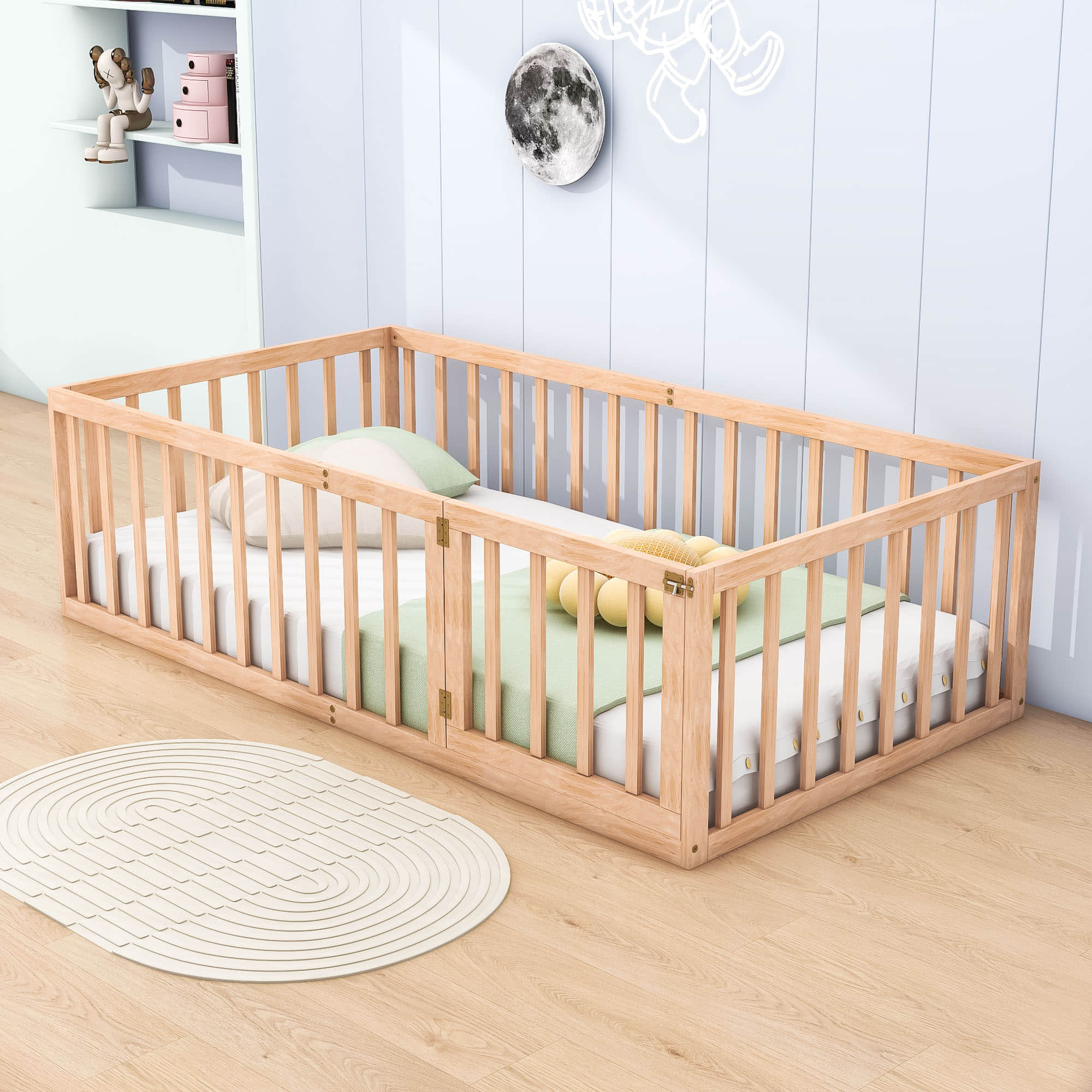 Wood Twin Size Montessori Toddler Floor Bed Frame with Rails and Door