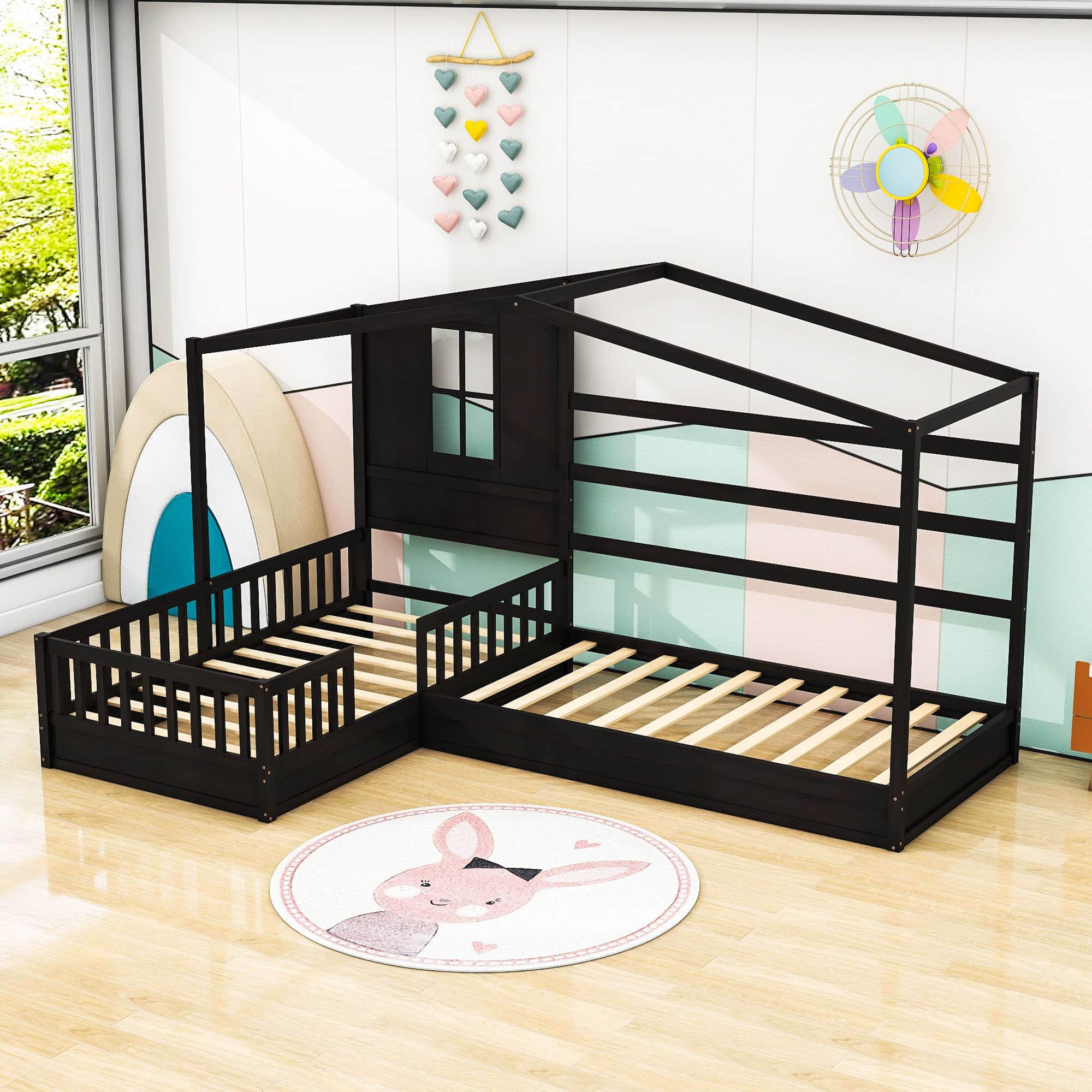 Wooden Montessori Twin Size House Double Kids Bed with Rails