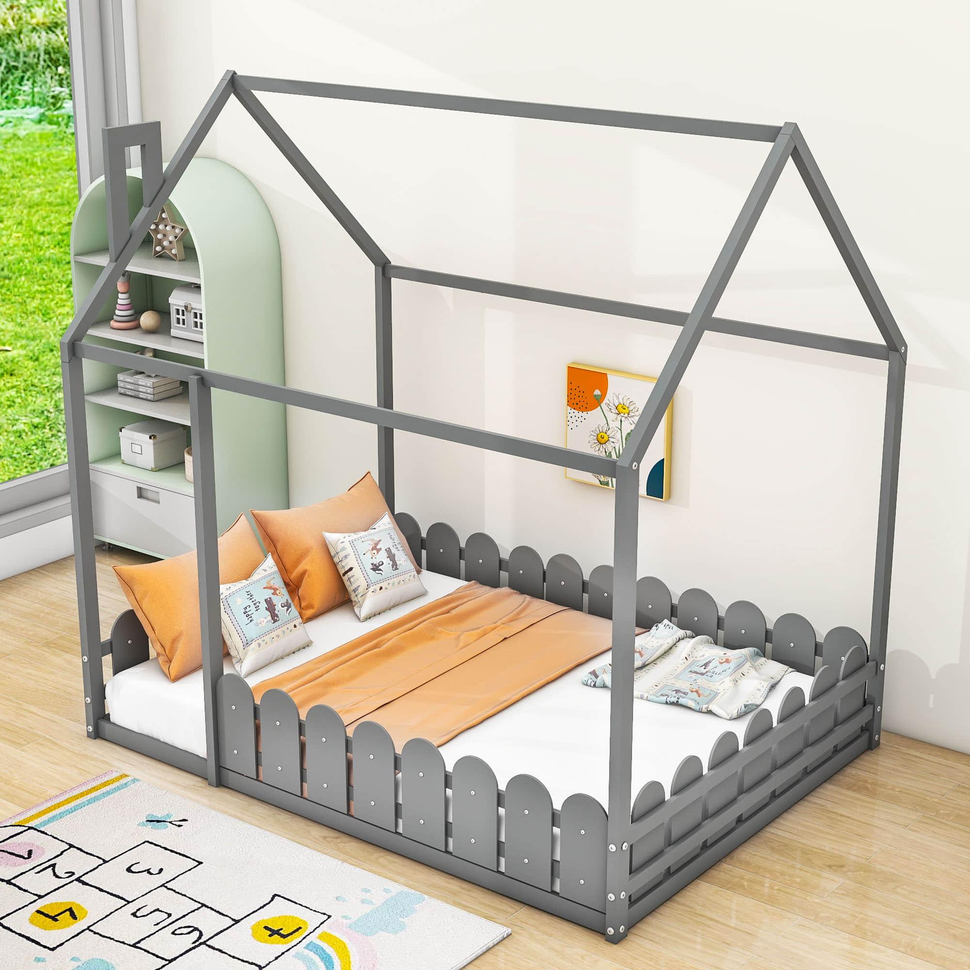 Wooden Full Size House Toddler Floor Bed with Rails for Kids