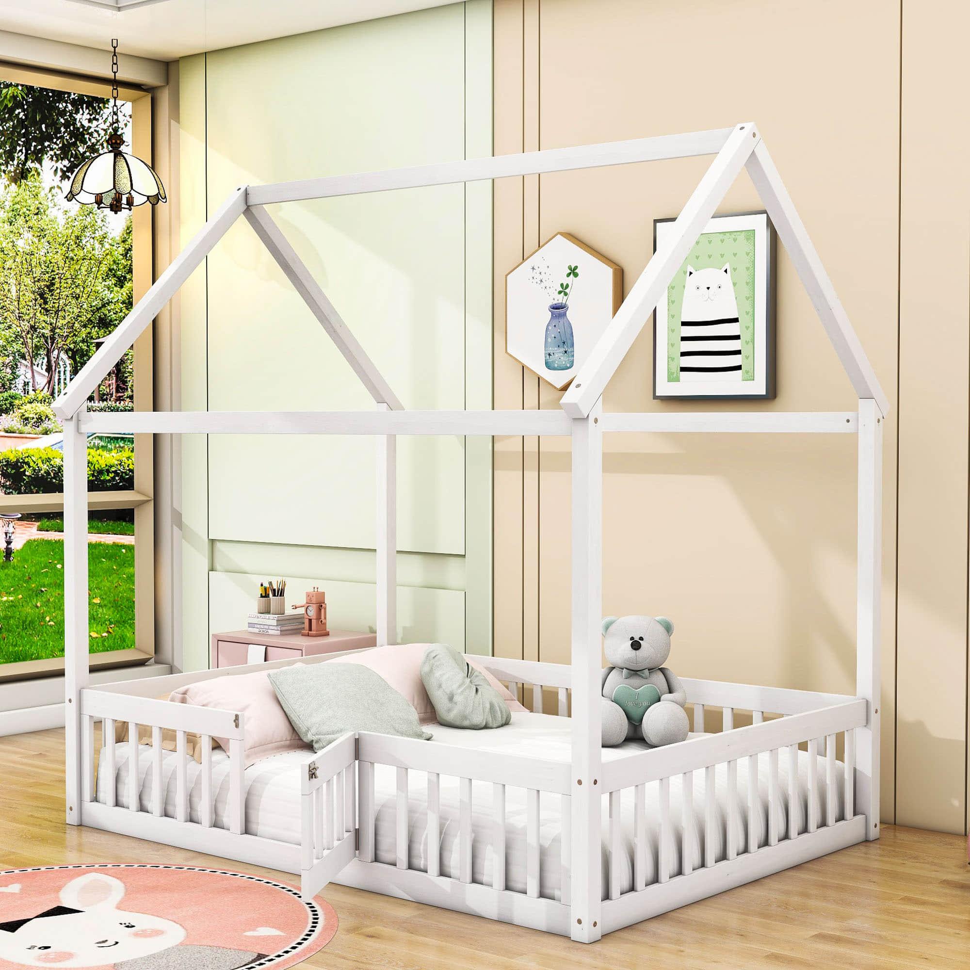 Full Size Wood House Toddler Floor Bed with Rails and Door