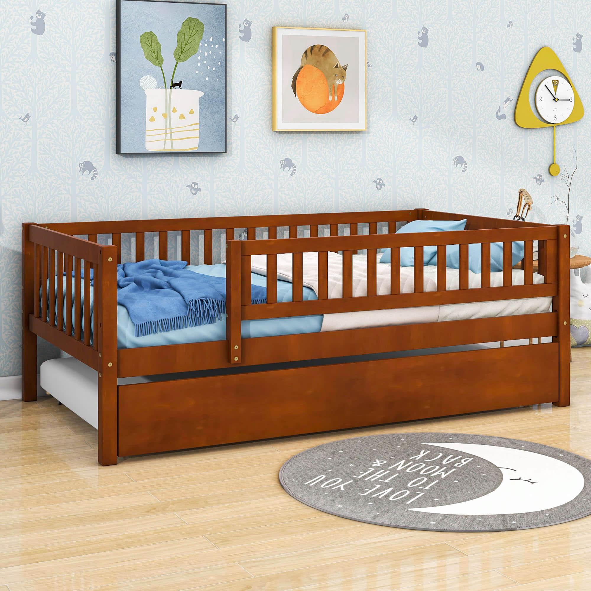 Wooden Twin Low Kids Bed with Twin Size Trundle and Rails