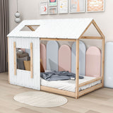 Wood House-Shaped Twin Floor Bed Frame for Toddler, Kids - [Roof]