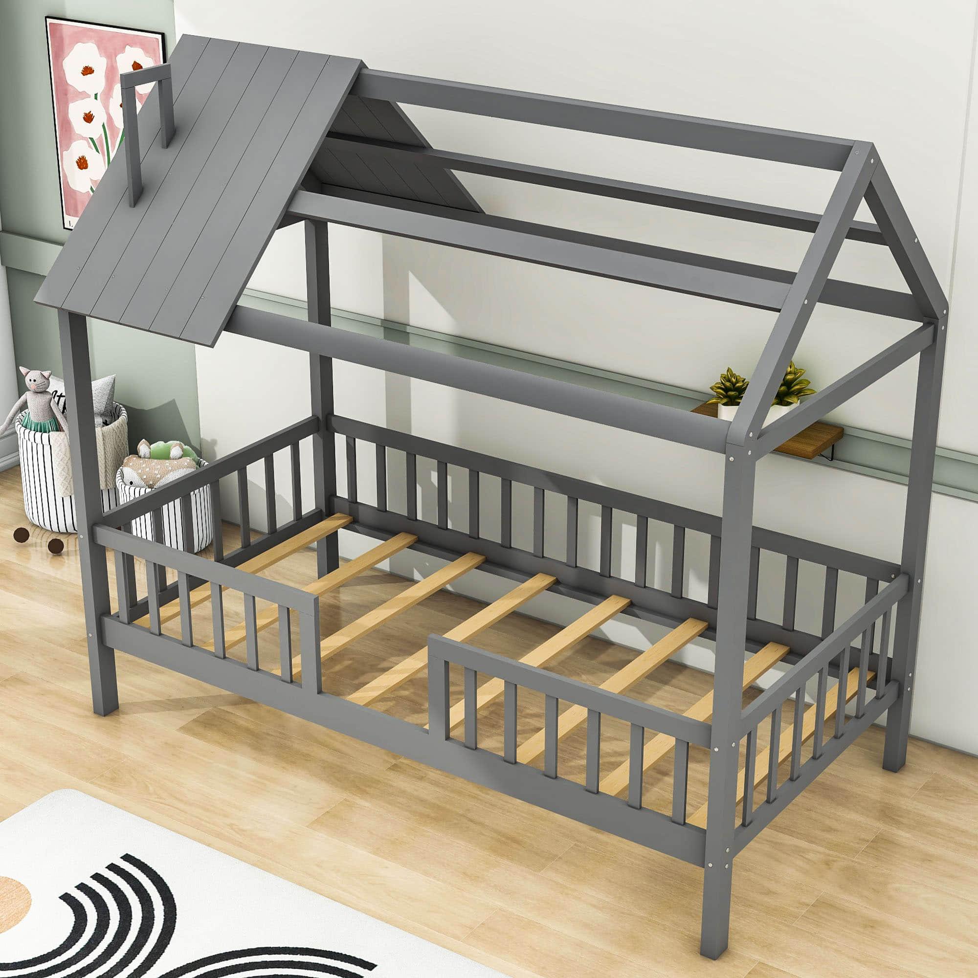 Twin Size Montessori Wooden Kids Low Farmhouse Bed Frame with Rails