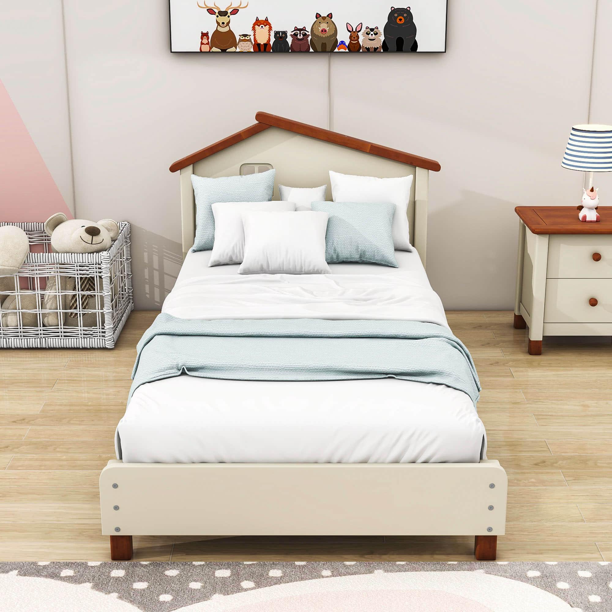 Twin Wood Girls Platform Bed with House-Shaped Headboard