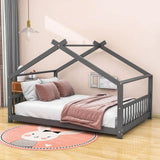 Wooden Full Size Low House Bed Frame for Toddler, Kids