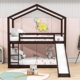 Low Fun Twin Over Twin House Bunk Beds for Kids with Slide - [Floor]