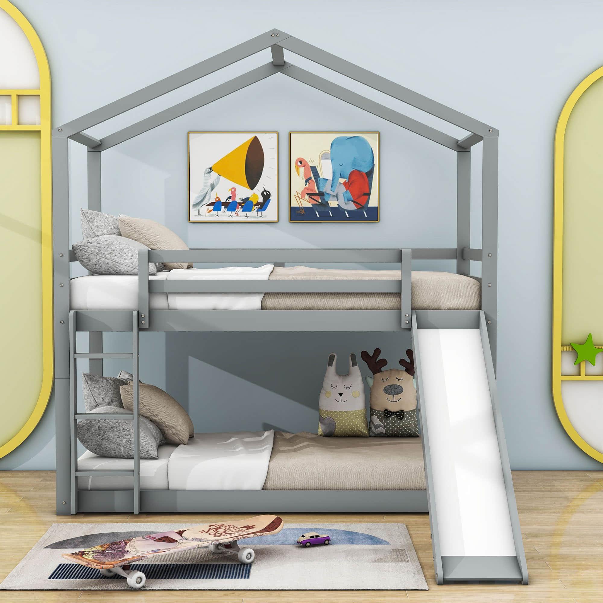 Low Fun Twin Over Twin House Bunk Beds for Kids with Slide - [Floor]