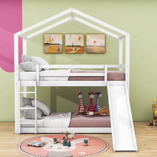 Low Fun Twin Over Twin House Bunk Beds for Kids with Slide - [Floor]