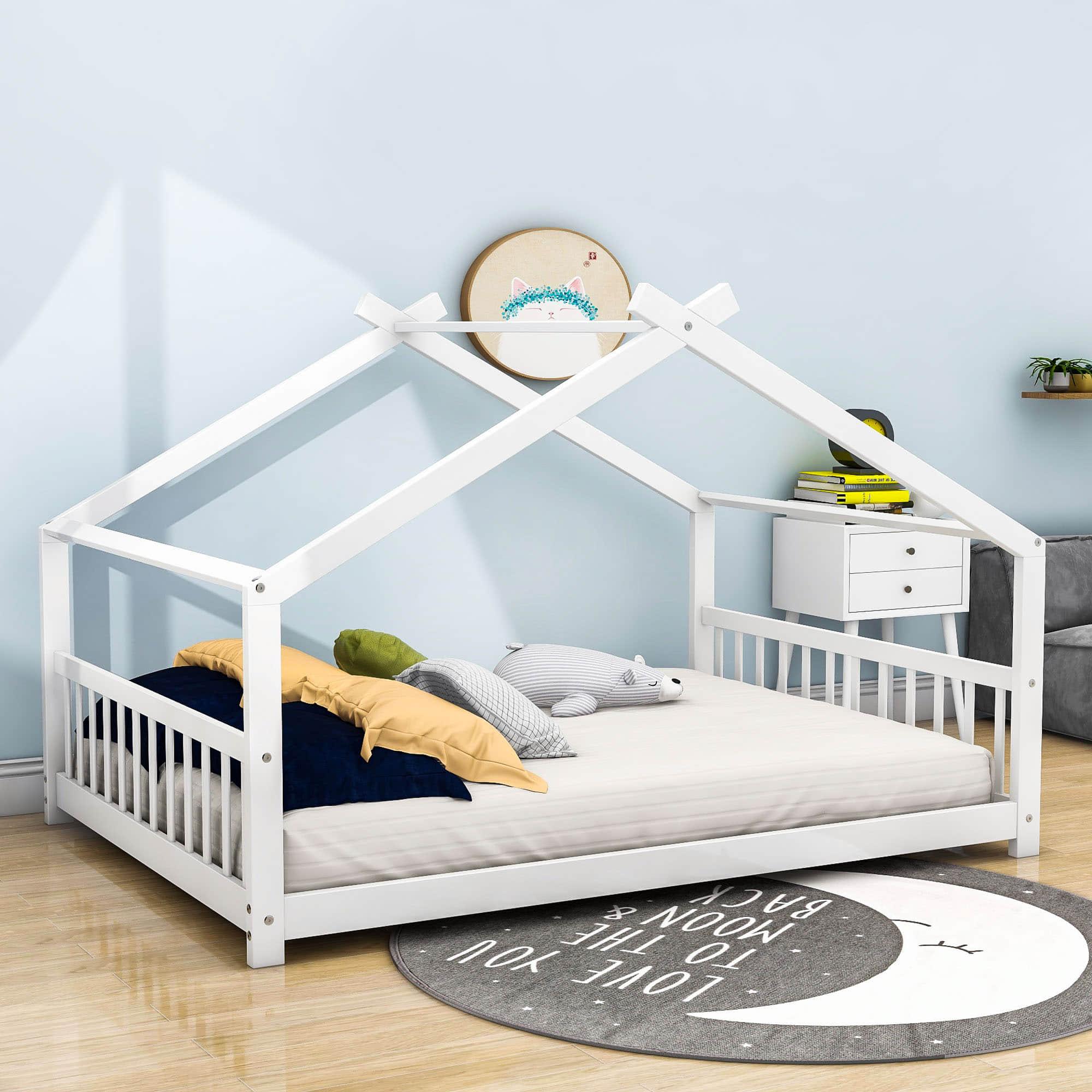 Wooden Full Size Low House Bed Frame for Toddler, Kids