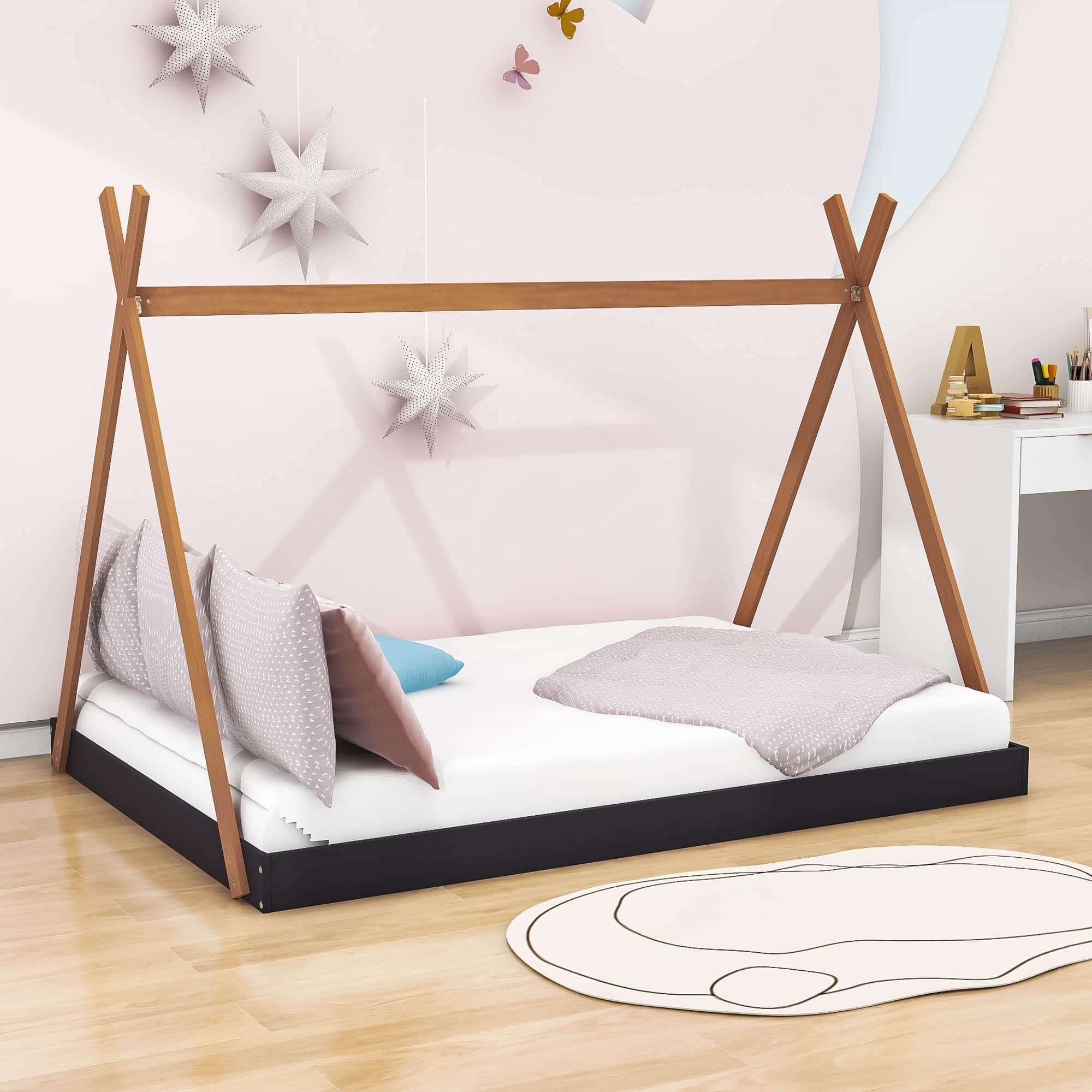 Kids Full Size Tepee Floor Bed for Toddler - [Montessori, Wooden]