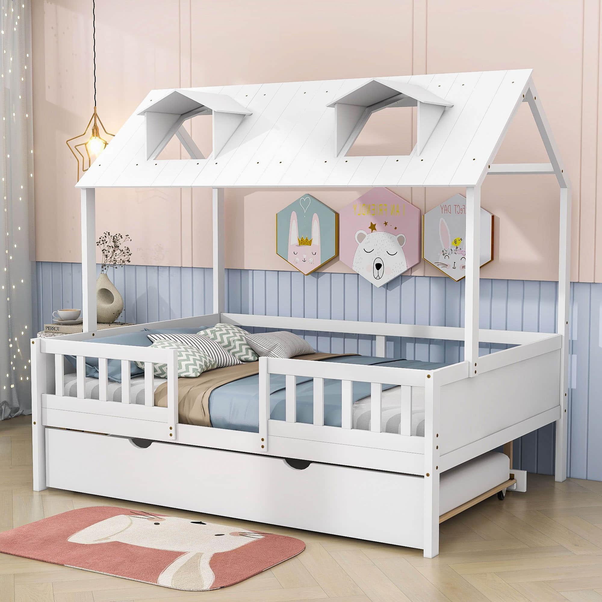 Wooden Full Size Kids House Bed with Rails and Twin Trundle Bed