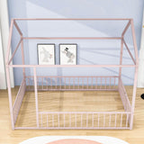 Full Size Metal House Toddler Floor Bed with Rails for Boys and Girls