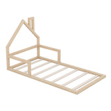 Wood Twin Toddler Floor Bed Frame with Rails and House-Shaped Headboard