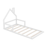 Wood Twin Toddler Floor Bed Frame with Rails and House-Shaped Headboard