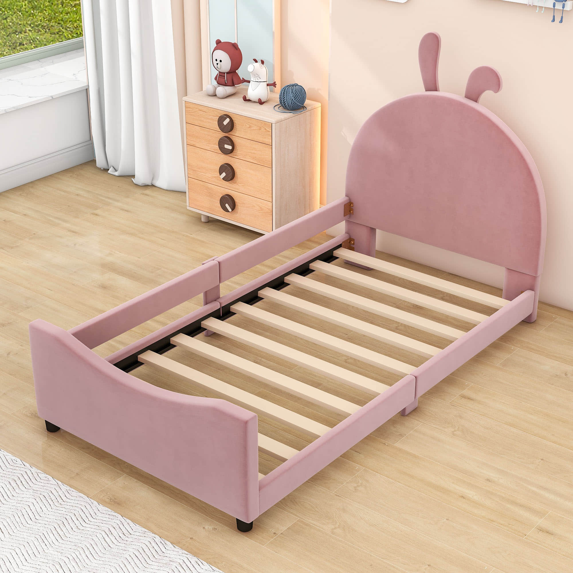 Cute Twin Size Low Profile Upholstered Toddler Bed with Rails