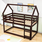 Small Low Twin Over Twin House Floor Bunk Beds for Kids, Toddler