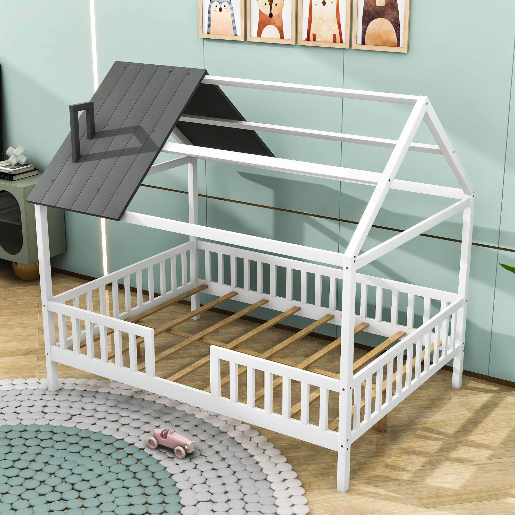 Full Wooden Kids Low Montessori Farmhouse Bed Frame with Rails