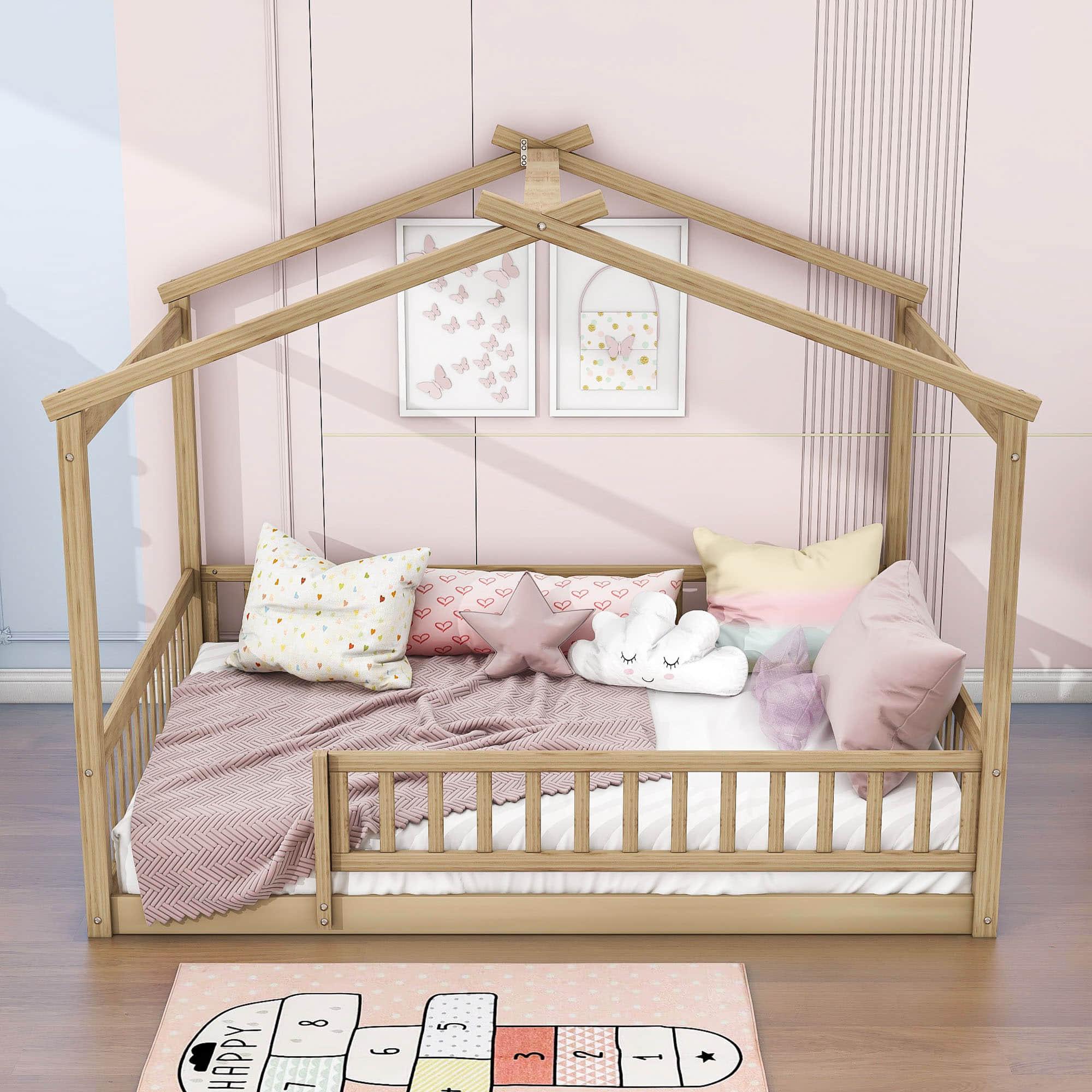 Full Size Wood House Kids Toddler Floor Bed with Rails