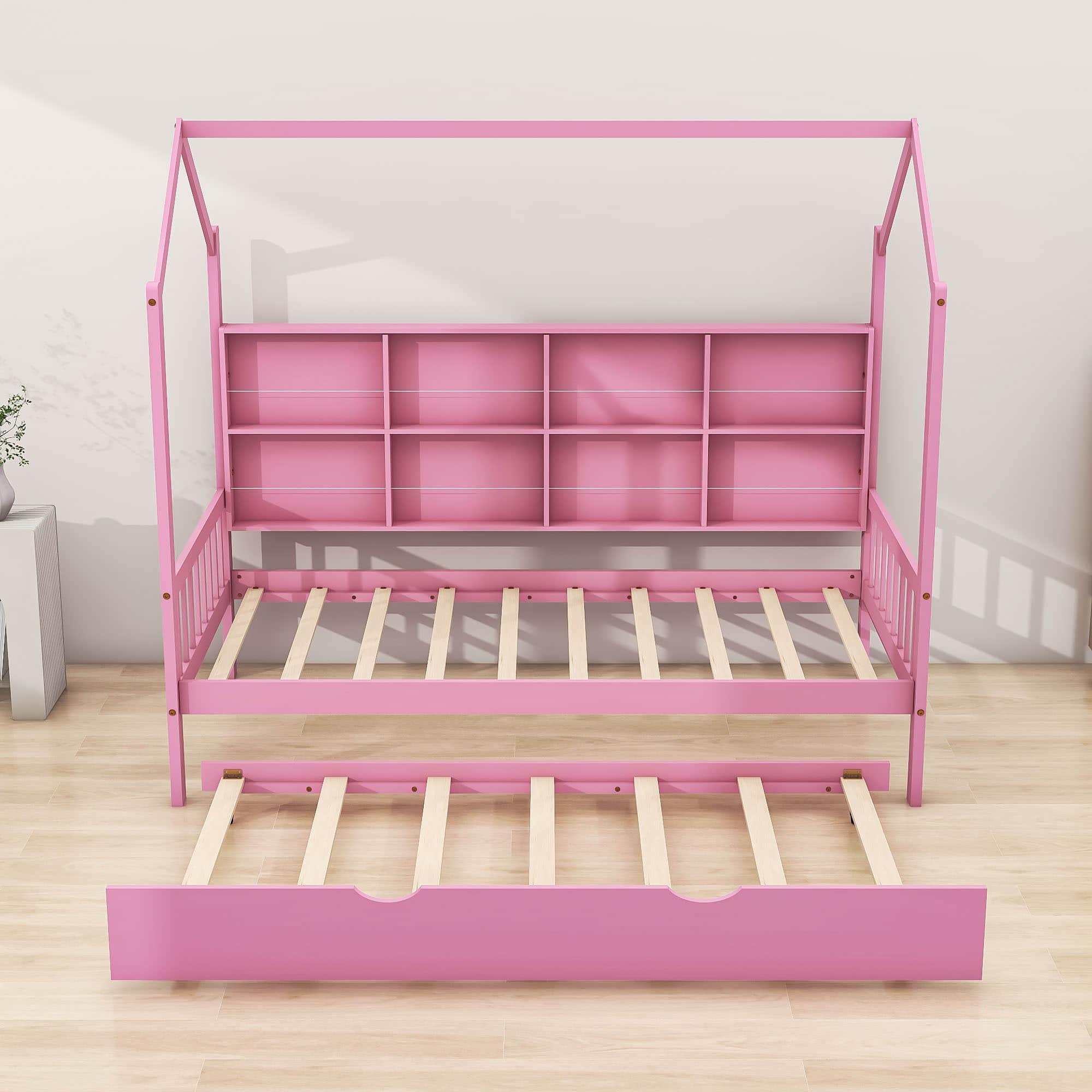 Twin Size Kids House Bed Frame with Twin Trundle and Shelf above Bed