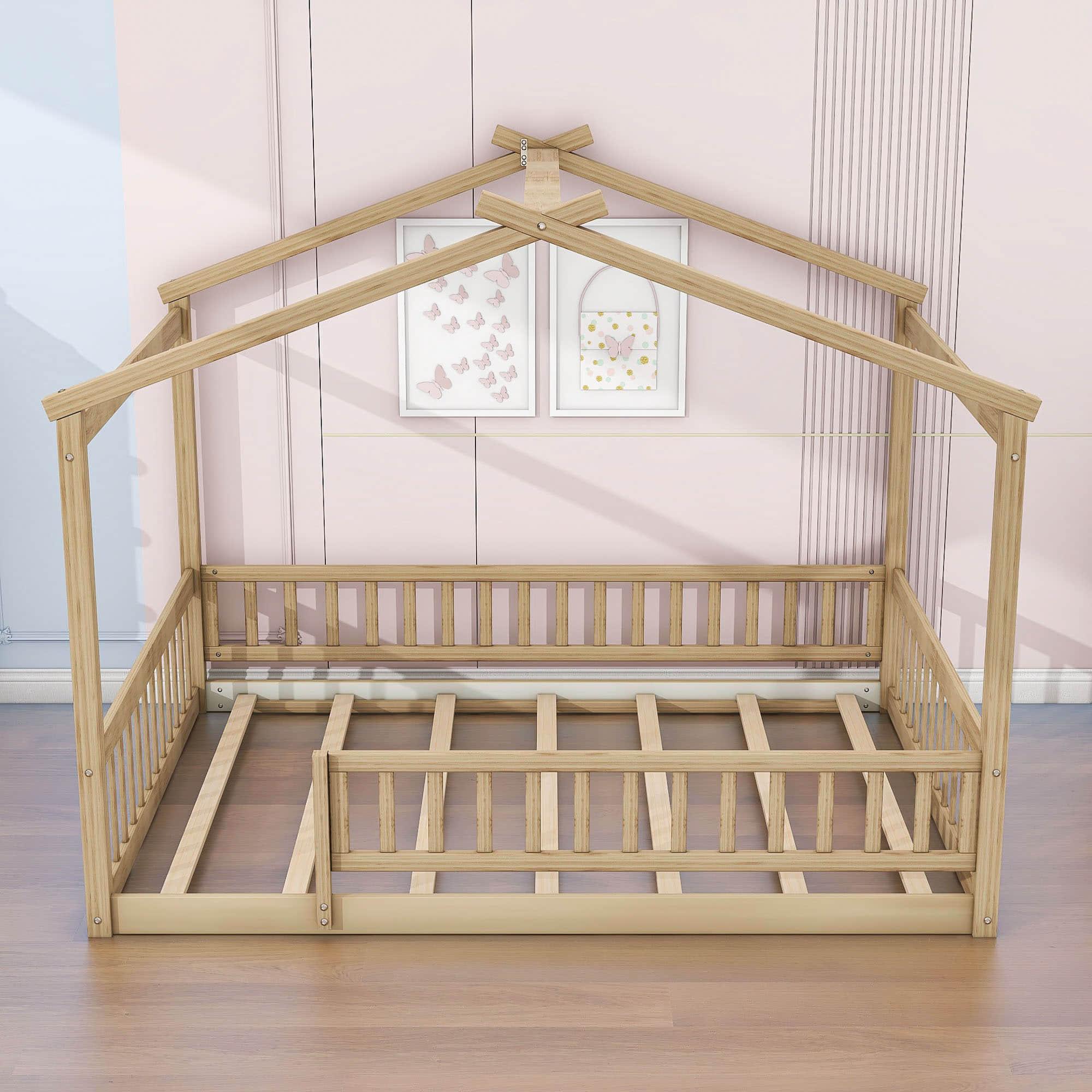 Full Size Wood House Kids Toddler Floor Bed with Rails