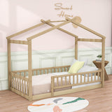 Twin Wood House Kids Toddler Floor Bed with Rails