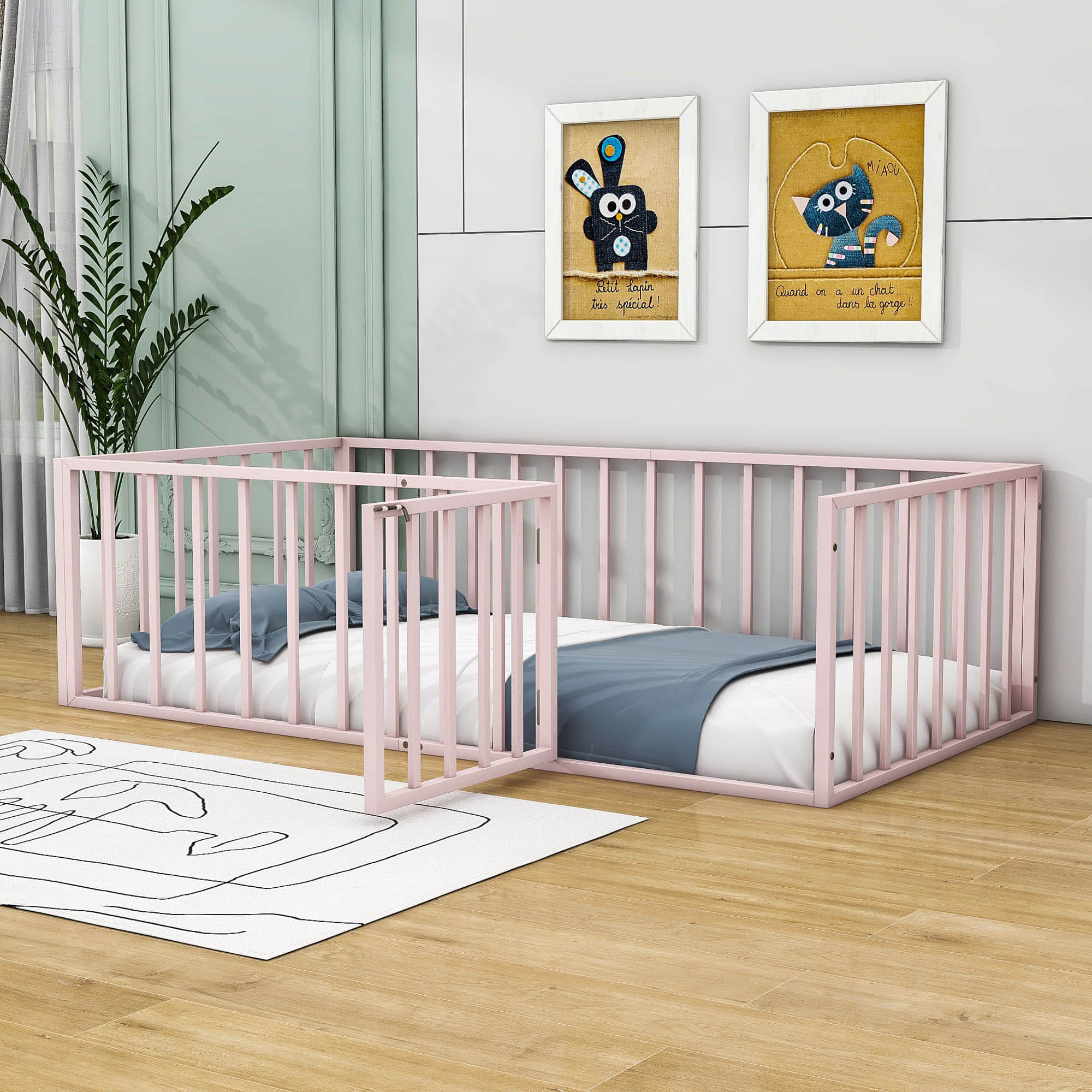 Montessori Twin Metal Toddler Floor Bed with Rails for Kids