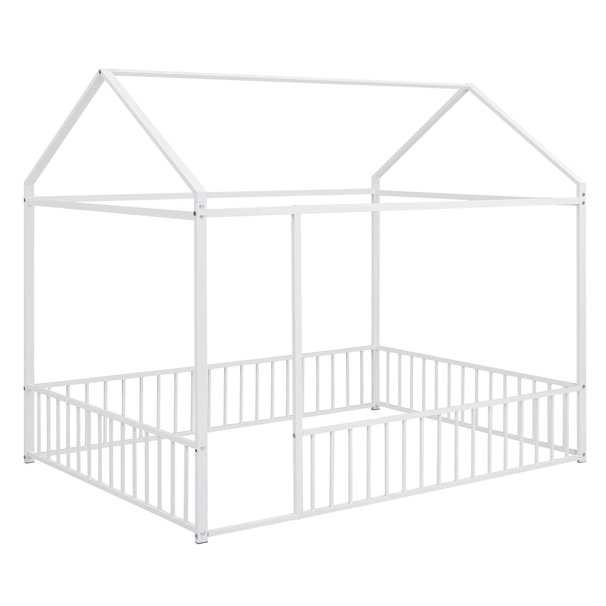 Full Size Metal House Toddler Floor Bed with Rails for Boys and Girls