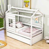 Kids Twin House Bed with Twin Trundle Bed and Rails