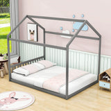 Wooden Queen Size Floor House Bed with Headboard for Toddler, Kids