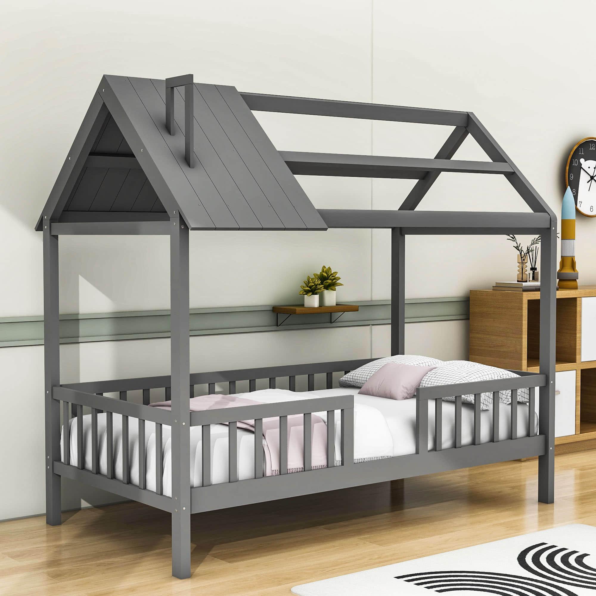 Twin Size Montessori Wooden Kids Low Farmhouse Bed Frame with Rails