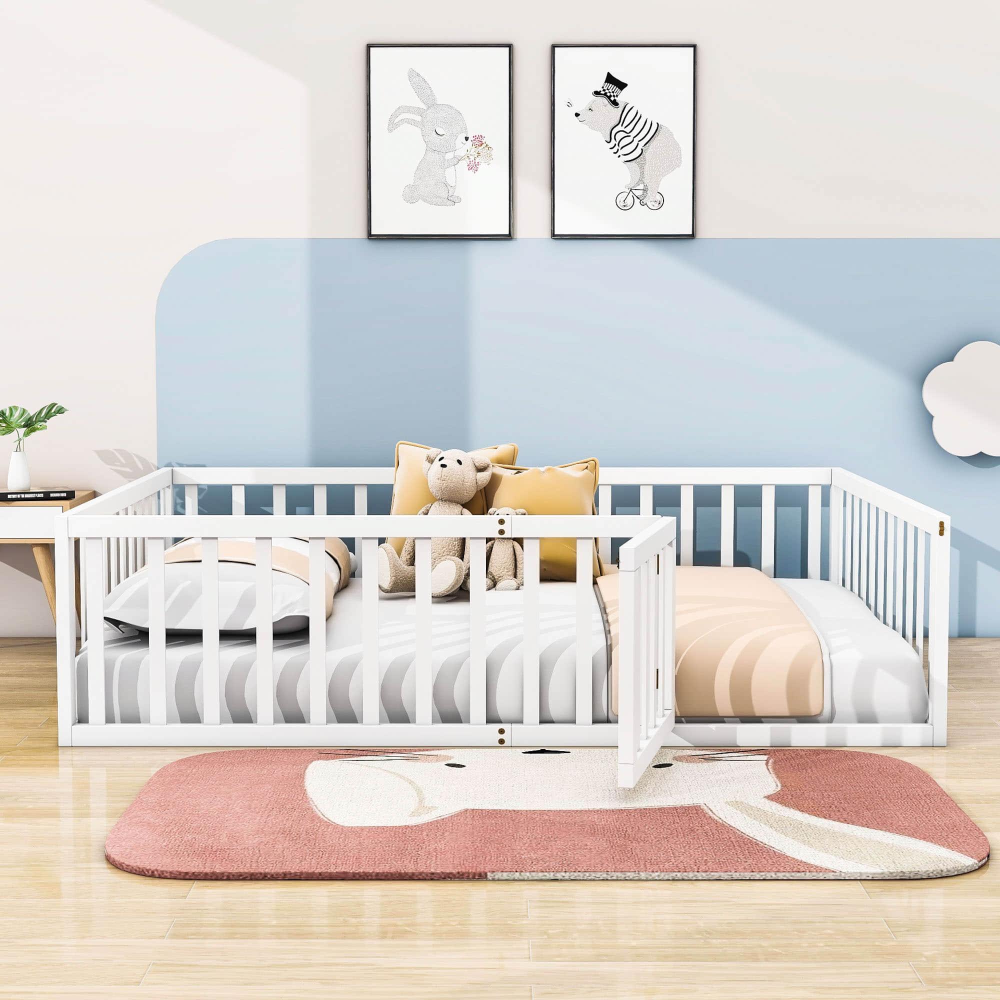 Wooden Queen Size Floor Toddler Bed with Rails and Door